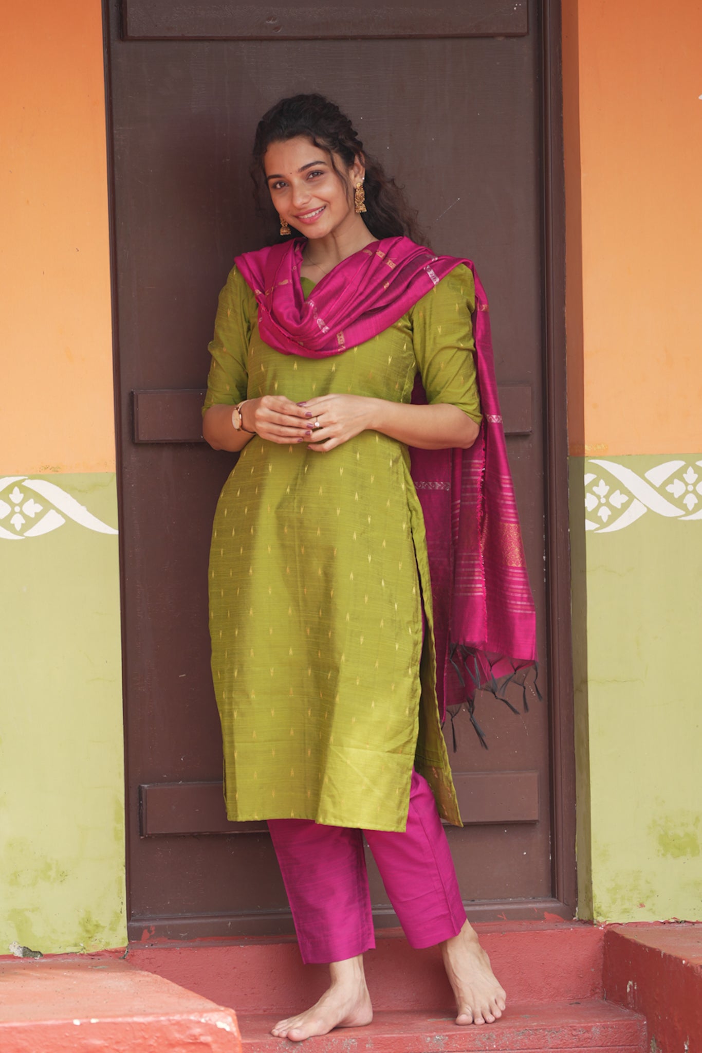 Parrot Green & Rani Pink Slub Cotton Silk Suit