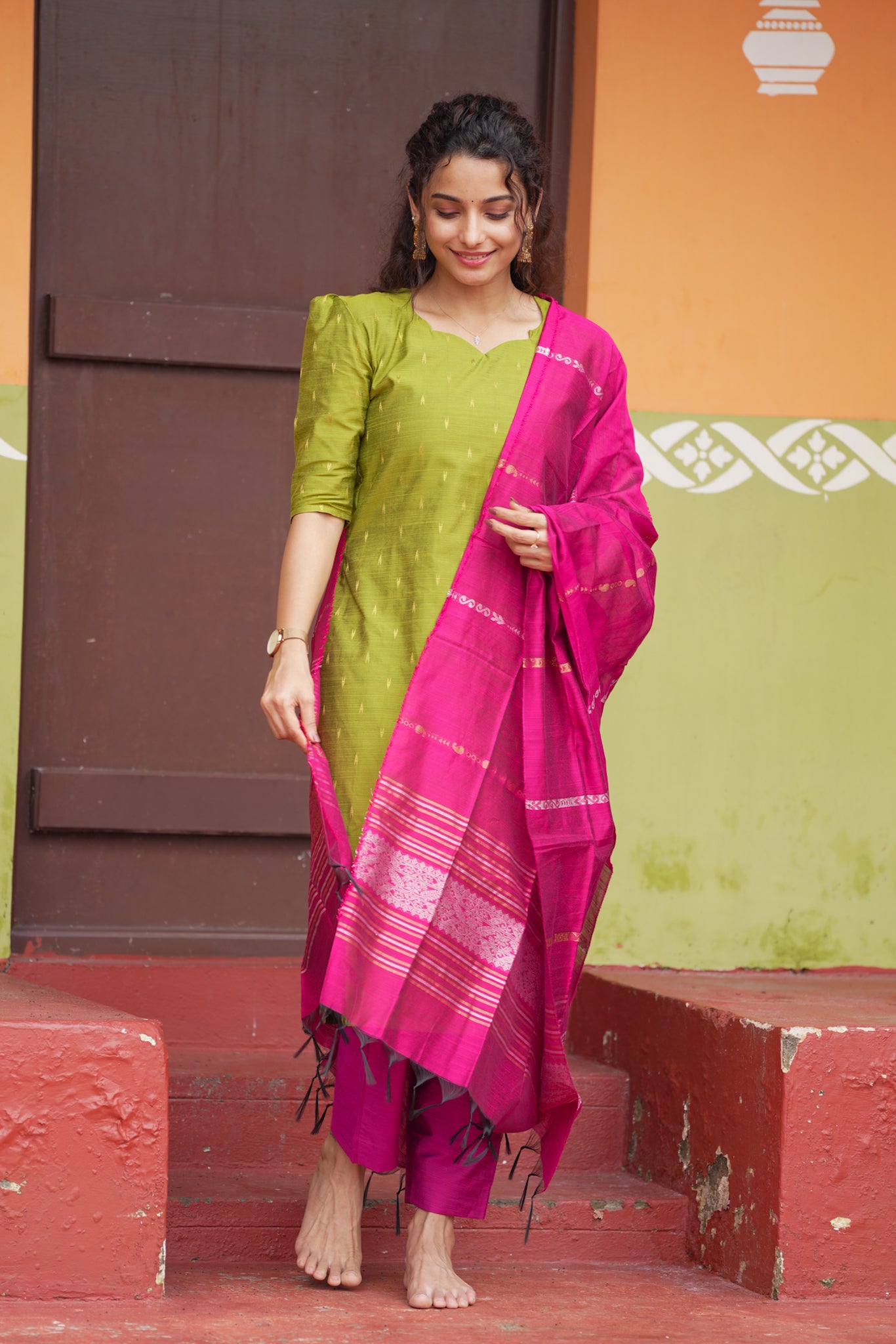 Parrot Green & Rani Pink Slub Cotton Silk Suit