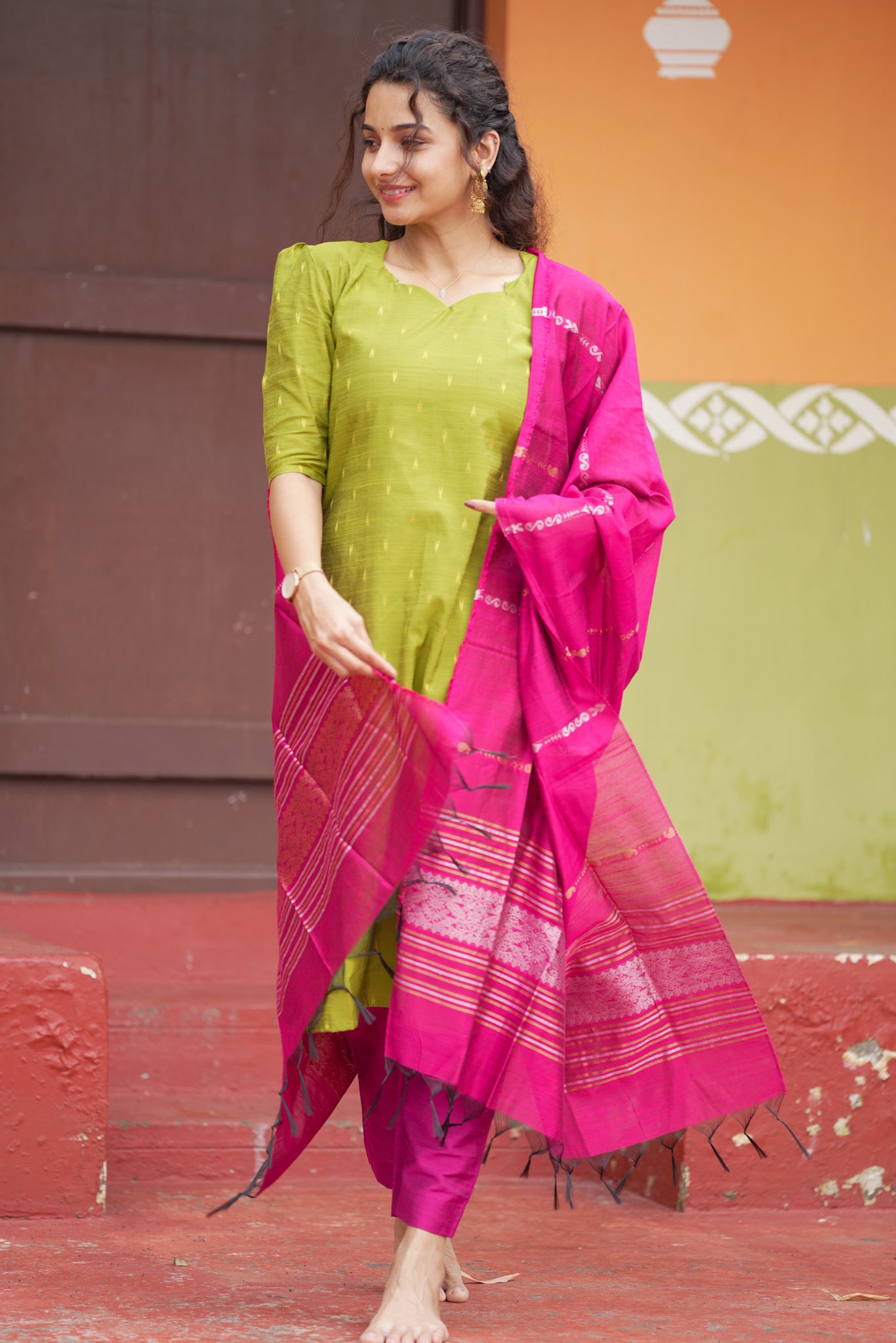 Parrot Green & Rani Pink Slub Cotton Silk Suit