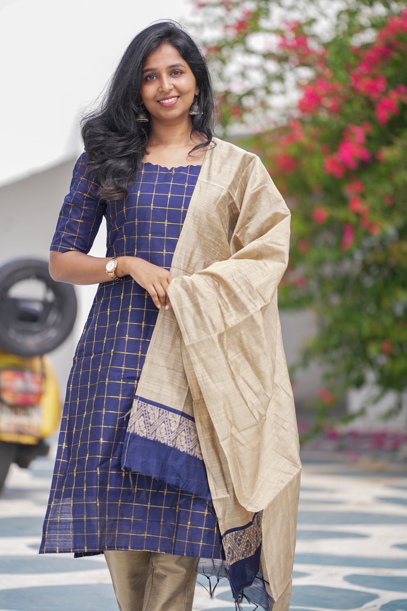 Golden Check Blue Slub Silk 3-Piece Set