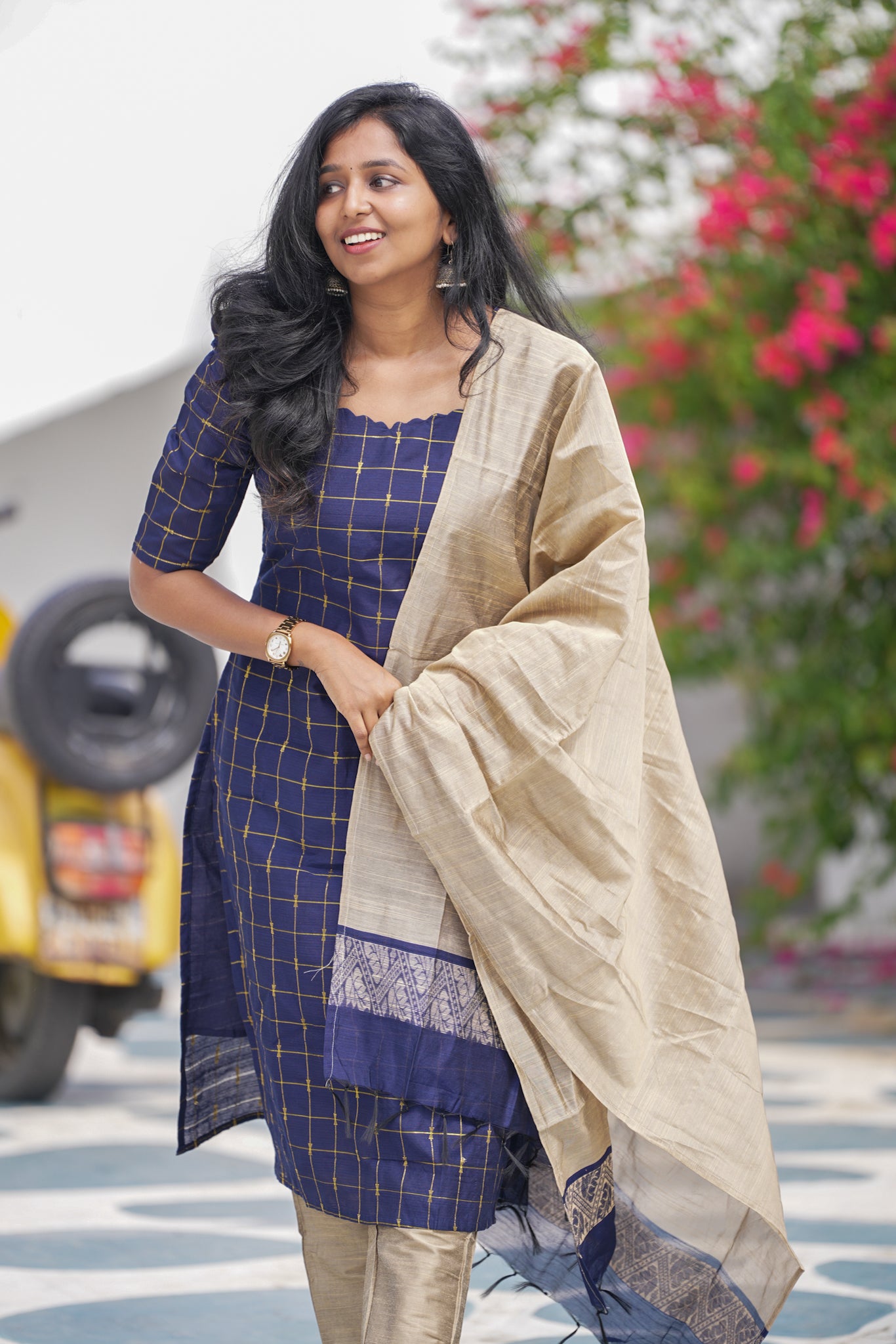 Golden Check Blue Slub Silk 3-Piece Set