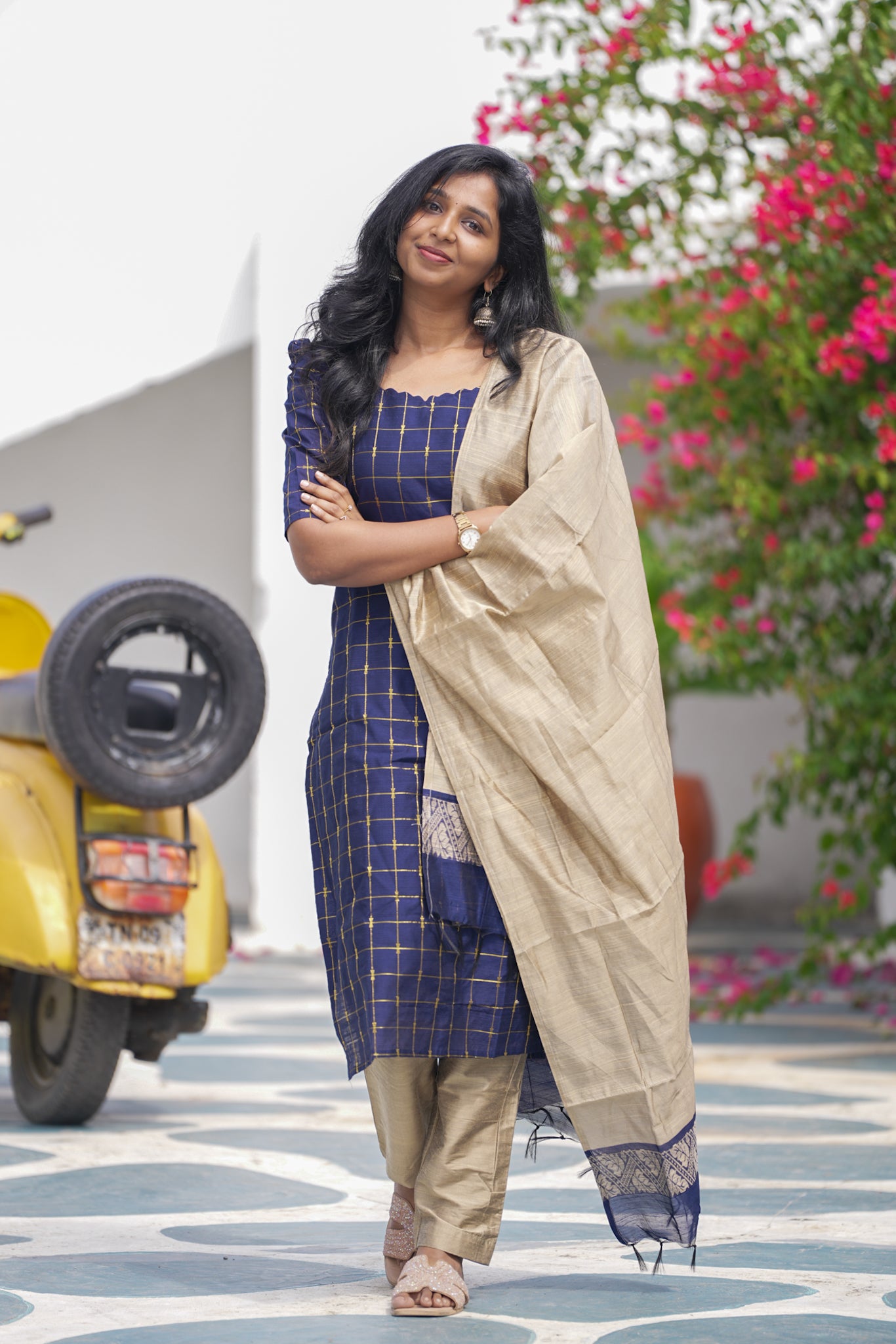 Golden Check Blue Slub Silk 3-Piece Set