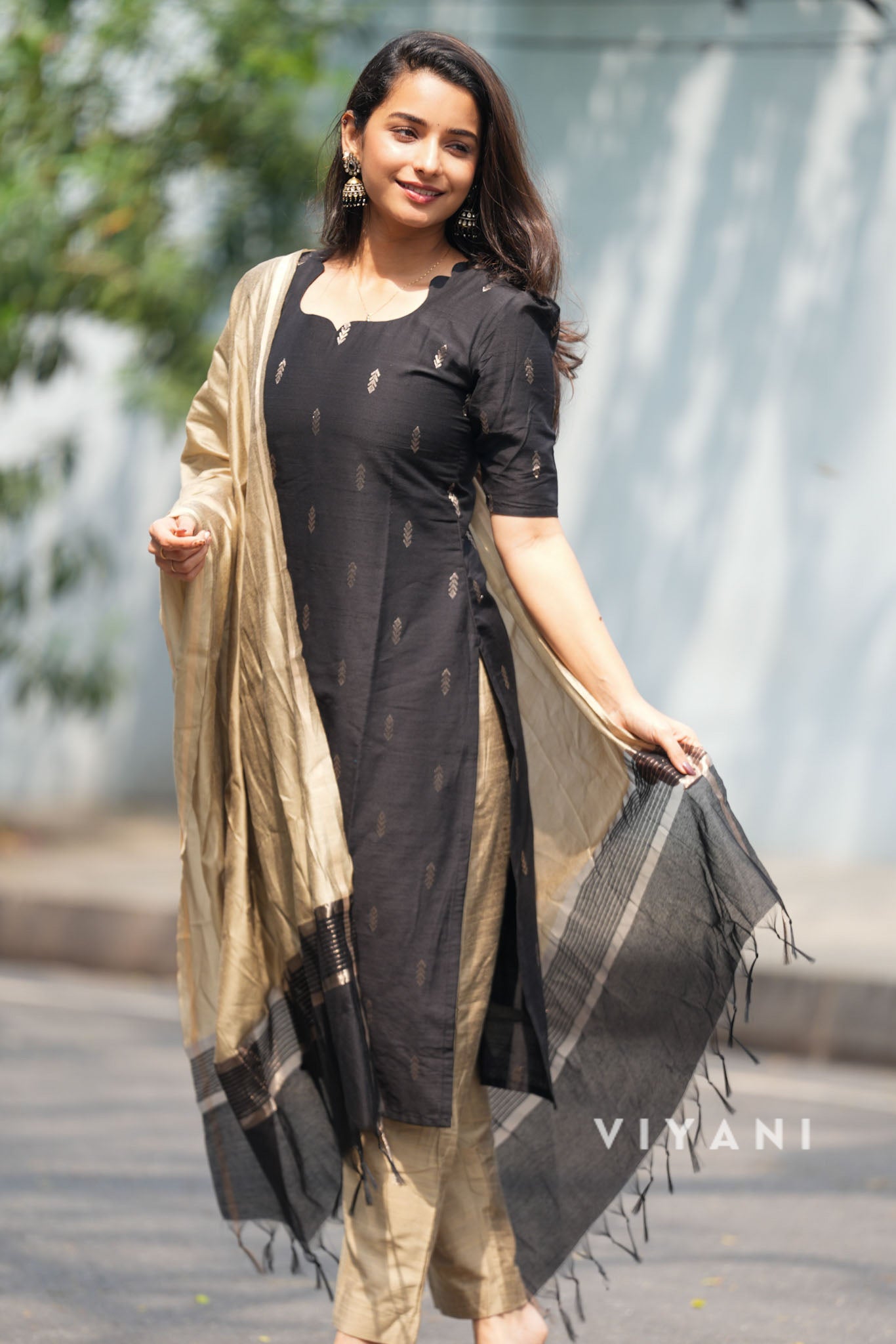 Regal Noir - Black & Tussar Viscose Slub 3 Piece Set