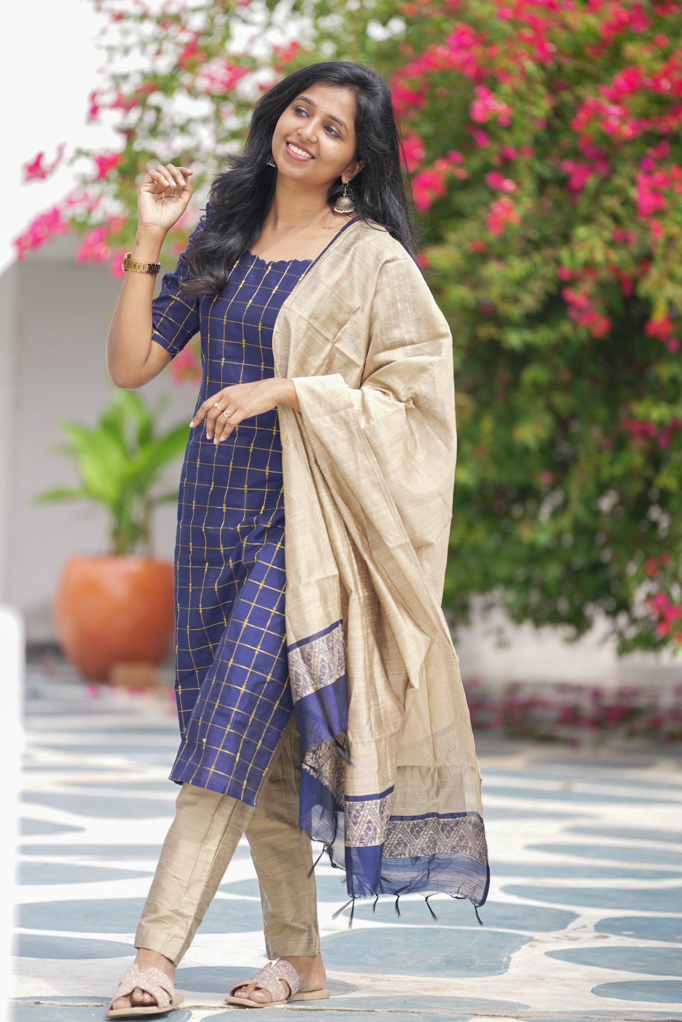 Golden Check Blue Slub Silk 3-Piece Set