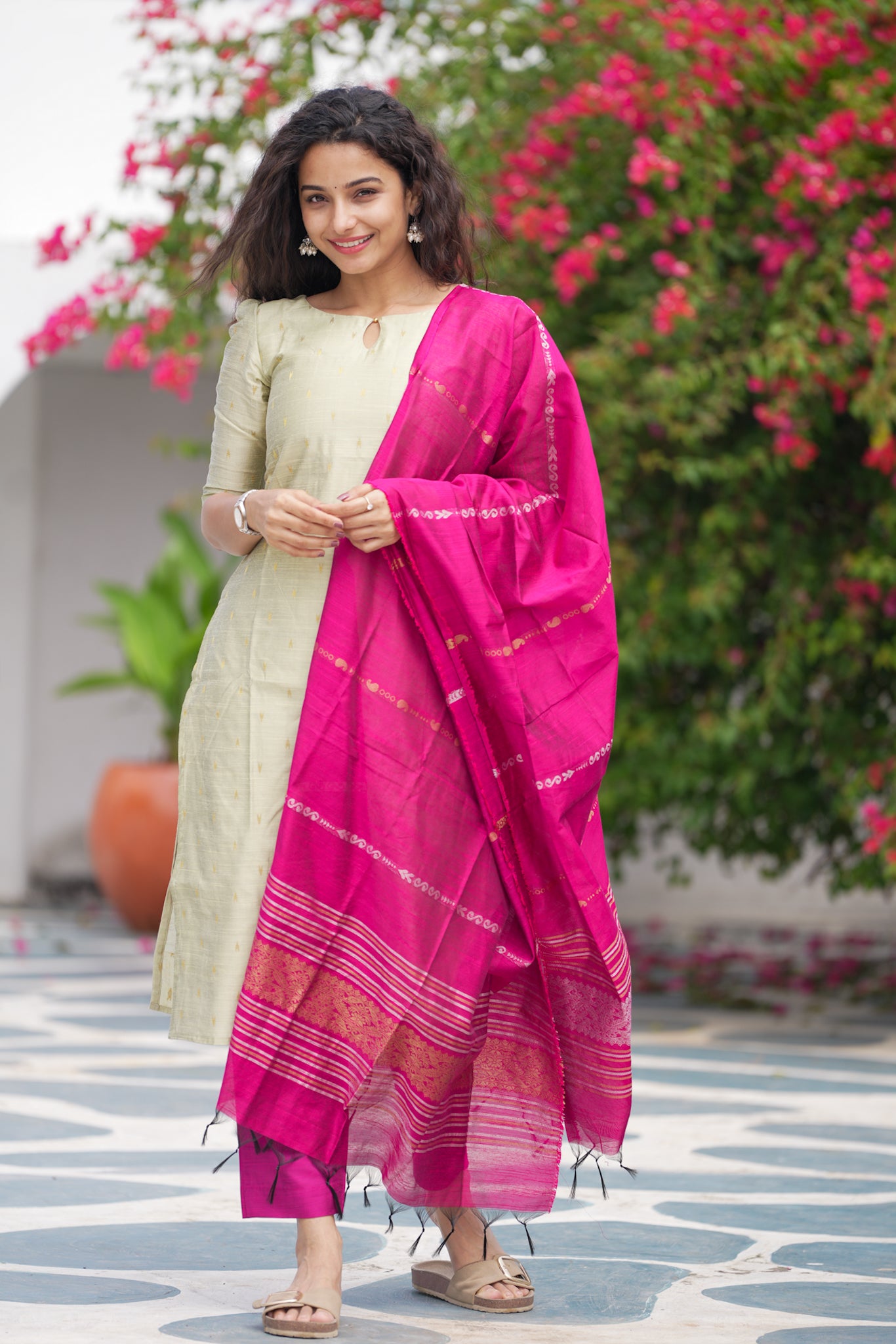 Pastel Sage & Rani Pink Slub Silk Salwar (3 piece suit)