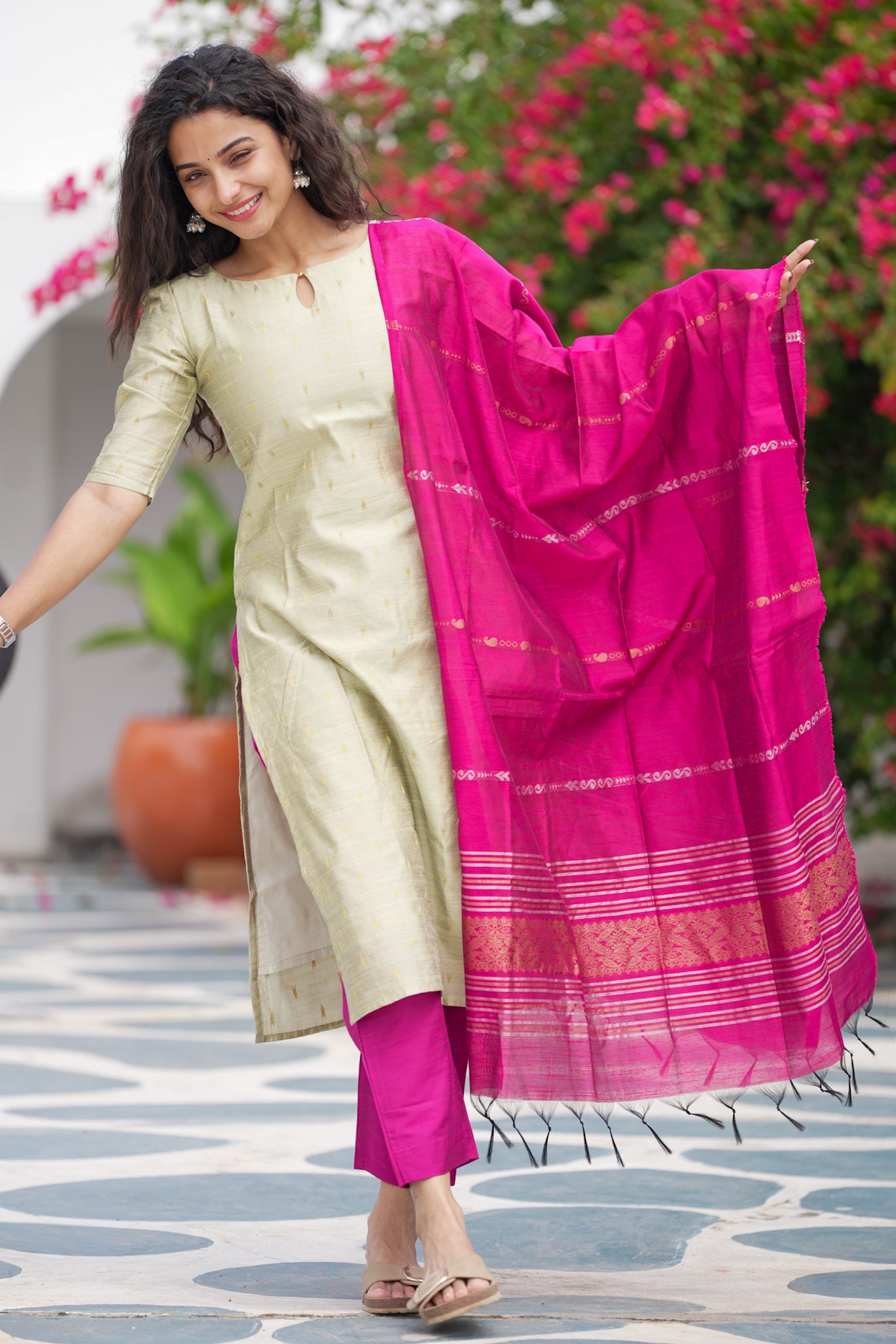 Pastel Sage & Rani Pink Slub Silk Salwar (3 piece suit)