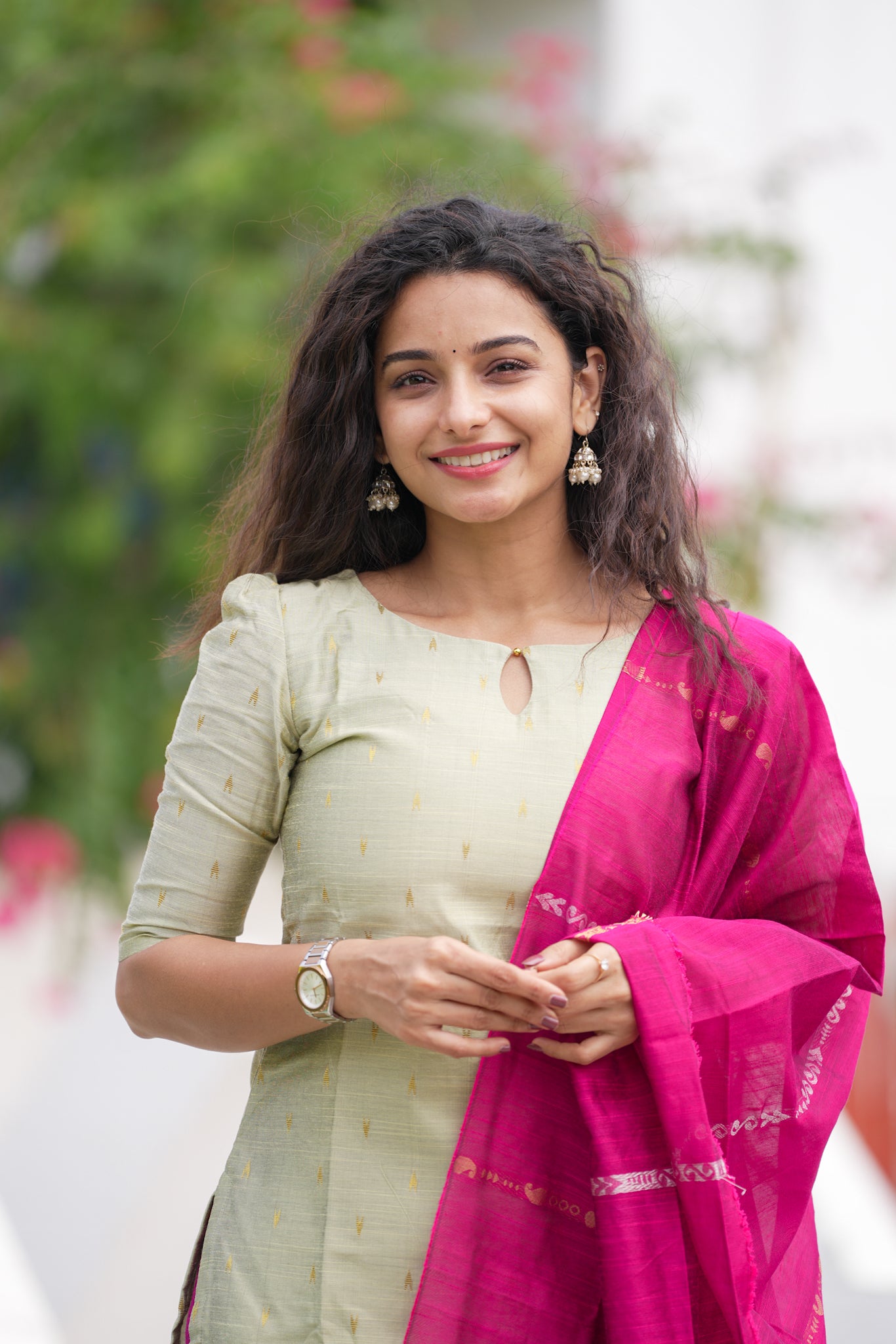 Pastel Sage & Rani Pink Slub Silk Salwar (3 piece suit)