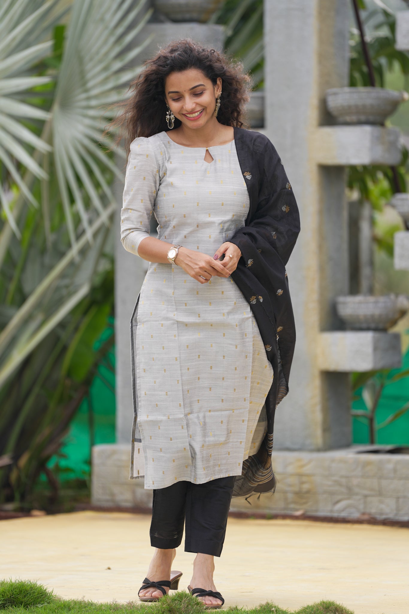 Silver & Black Slub Silk Suit