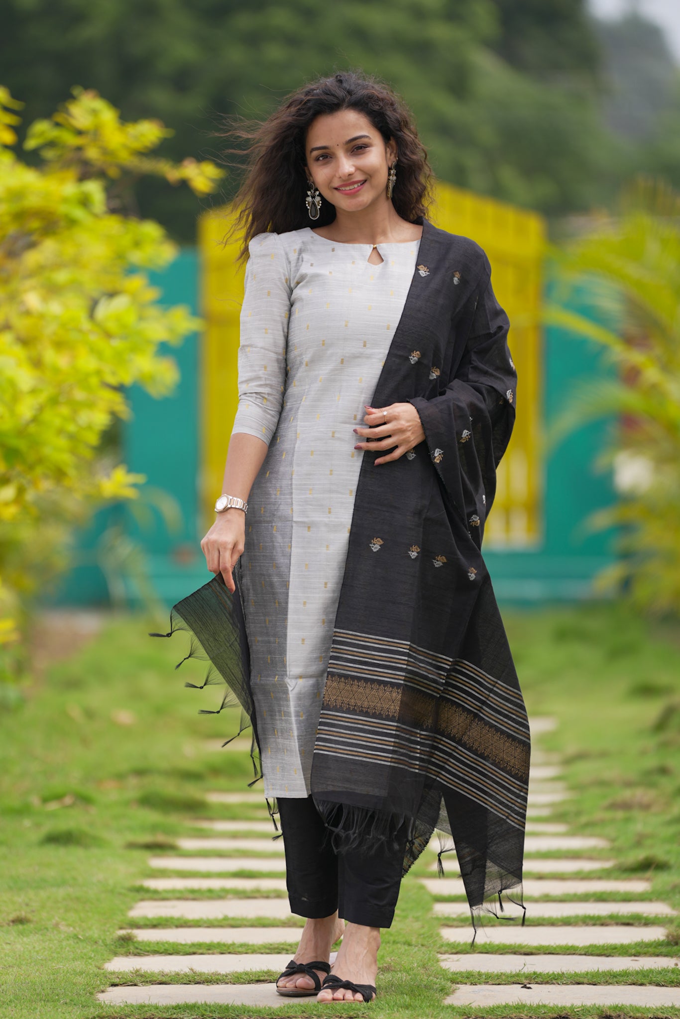 Silver & Black Slub Silk Suit