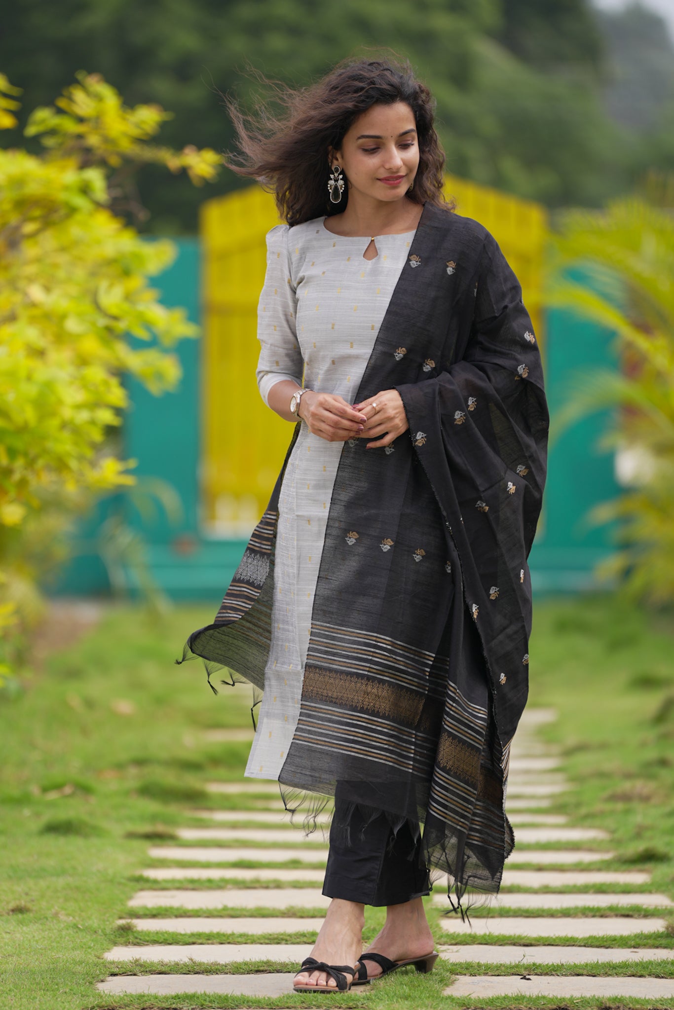 Silver & Black Slub Silk Suit