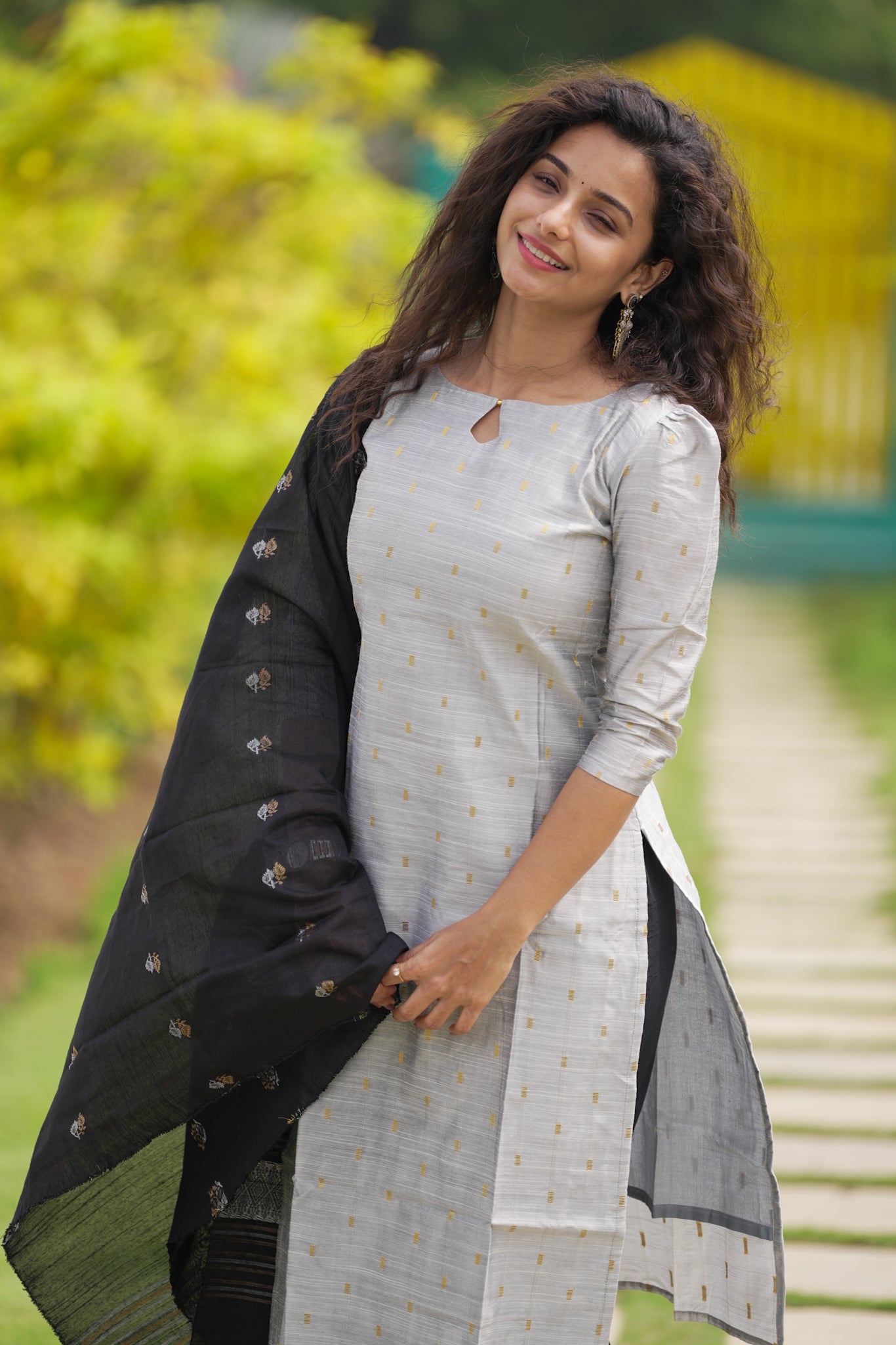 Silver & Black Slub Silk Suit