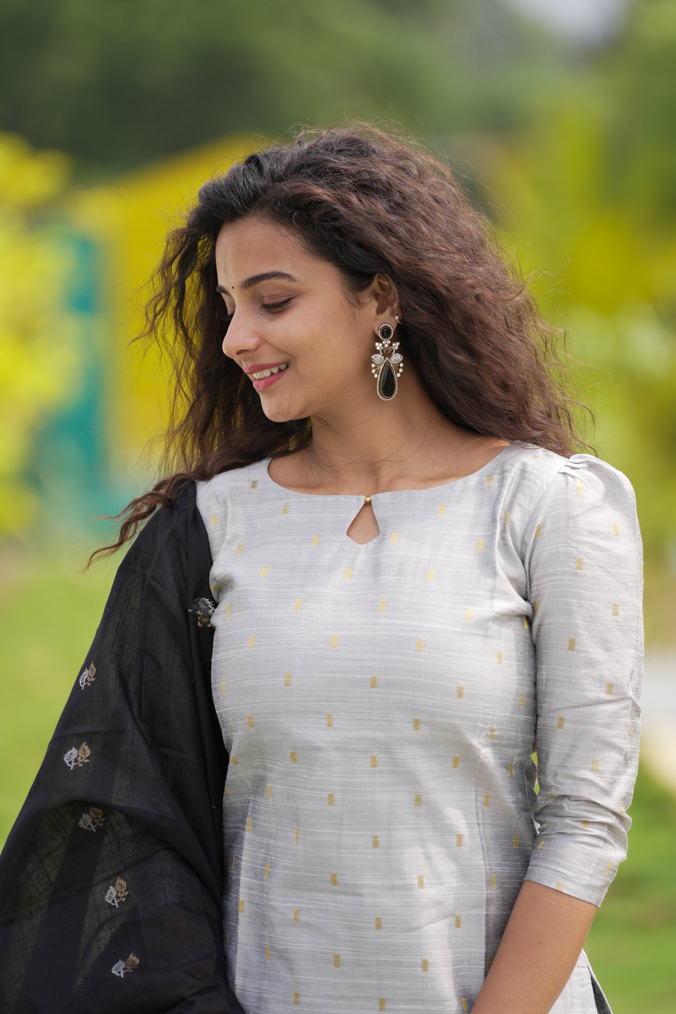 Silver & Black Slub Silk Suit