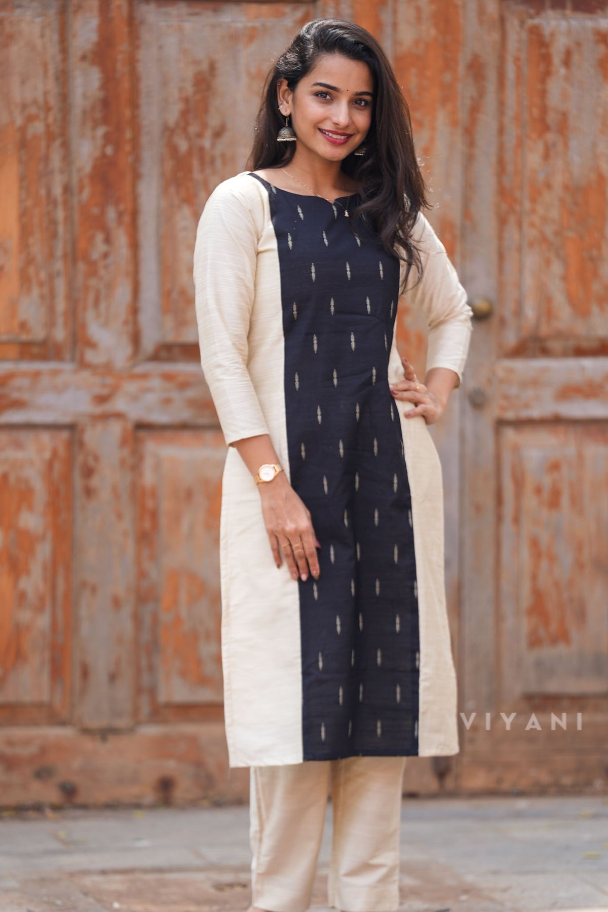 Ivory Feather - Ivory & Black Panel Viscose Slub Co-ord Set