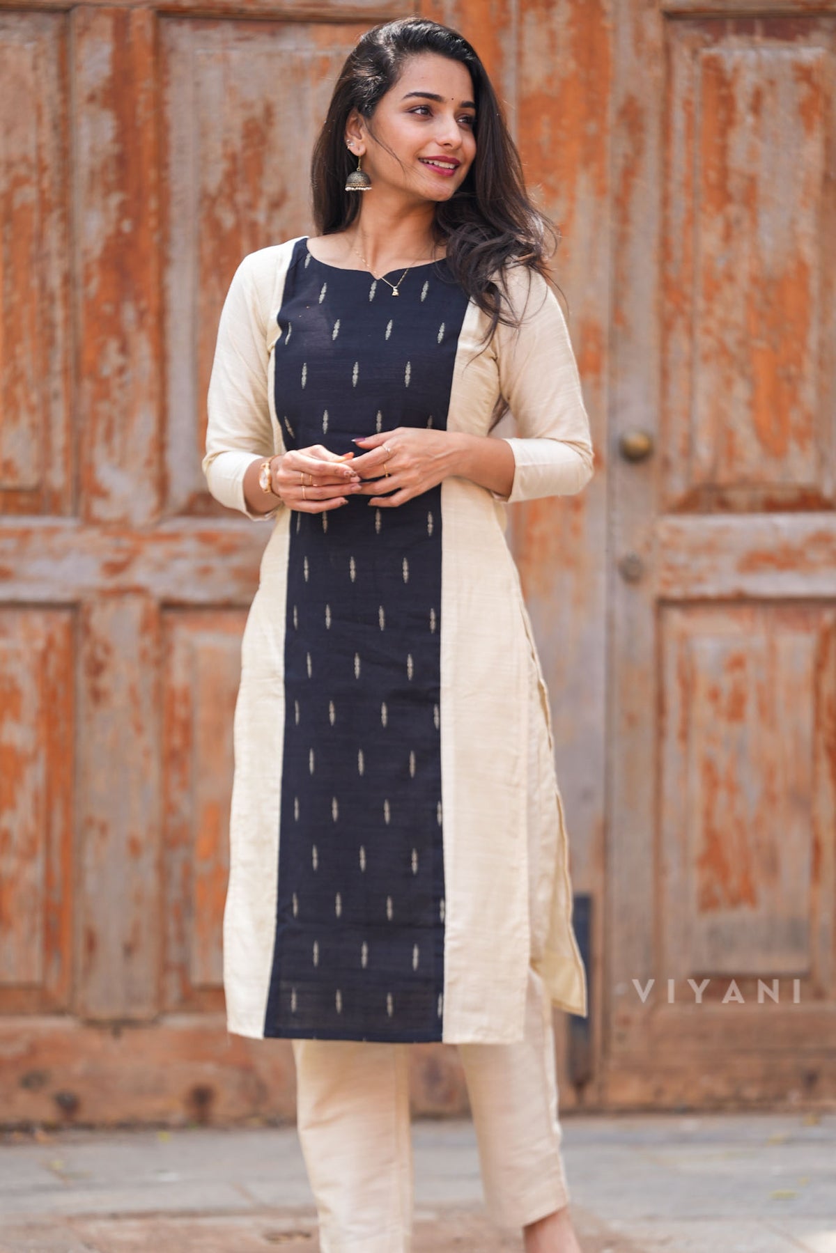 Ivory Feather - Ivory & Black Panel Viscose Slub Co-ord Set