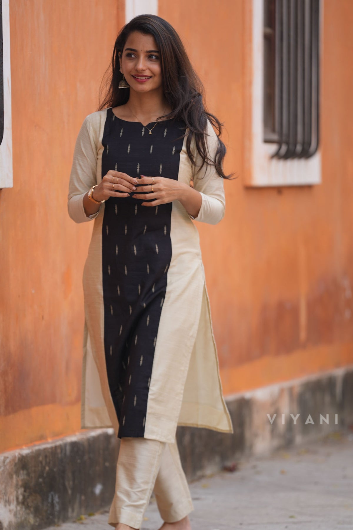 Ivory Feather - Ivory & Black Panel Viscose Slub Co-ord Set