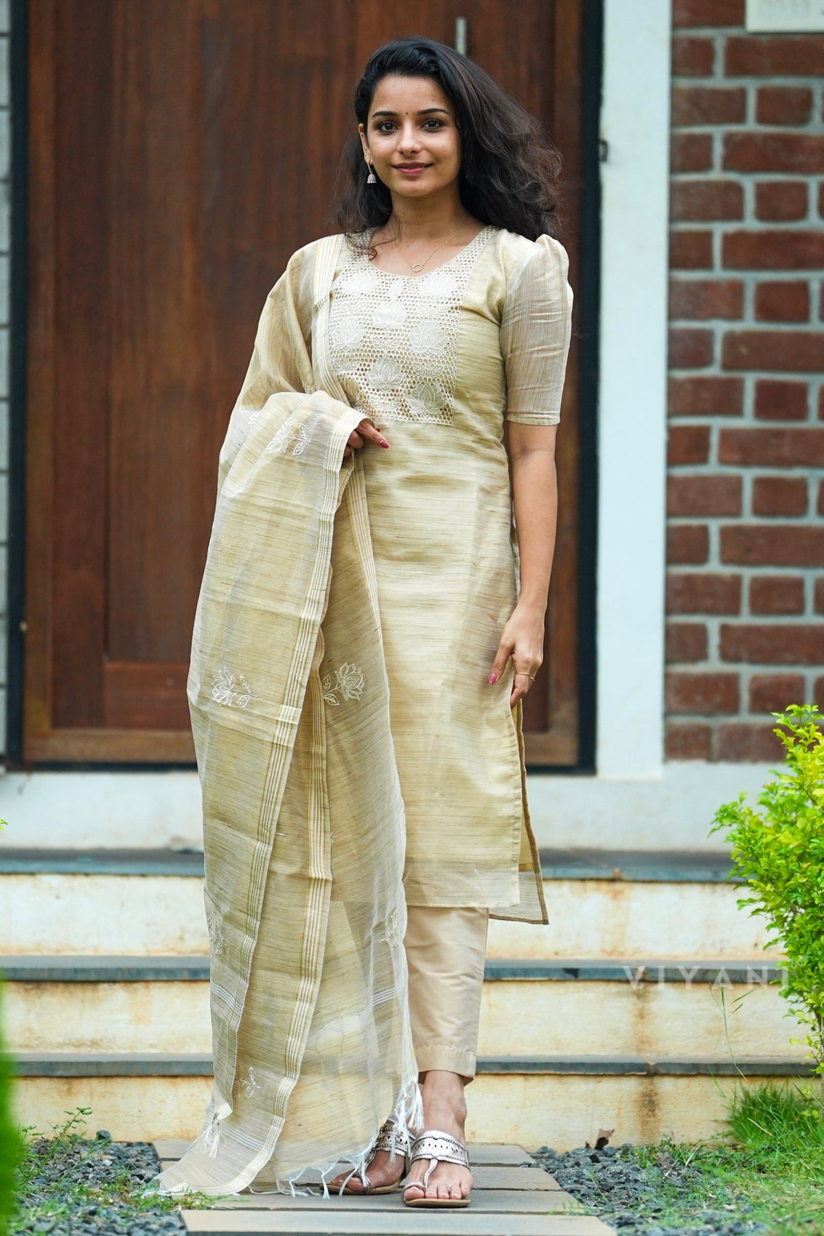Aura Lotus - Beige Chanderi 3 Piece Set