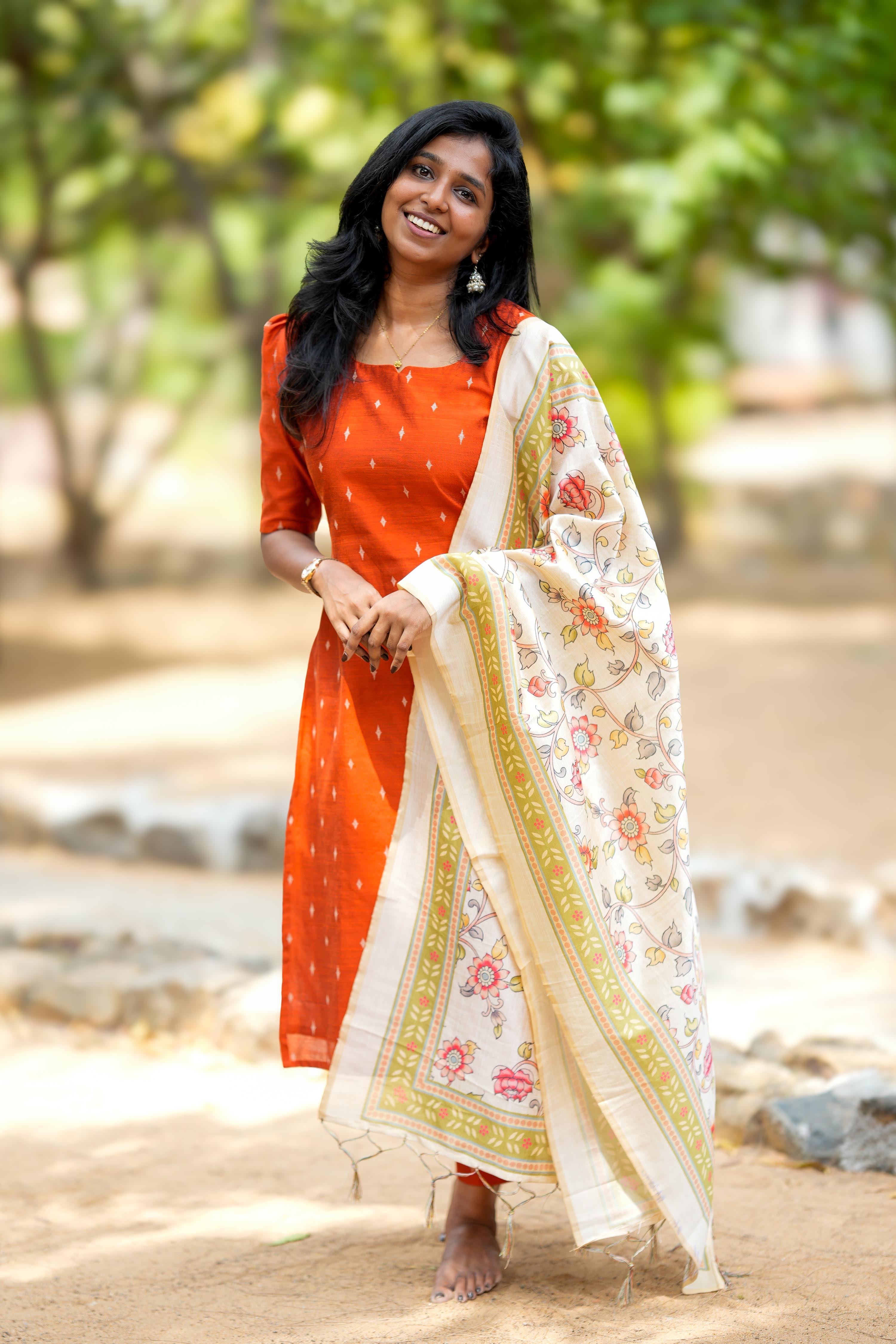 Orange Salwar Suit - Slub Silk