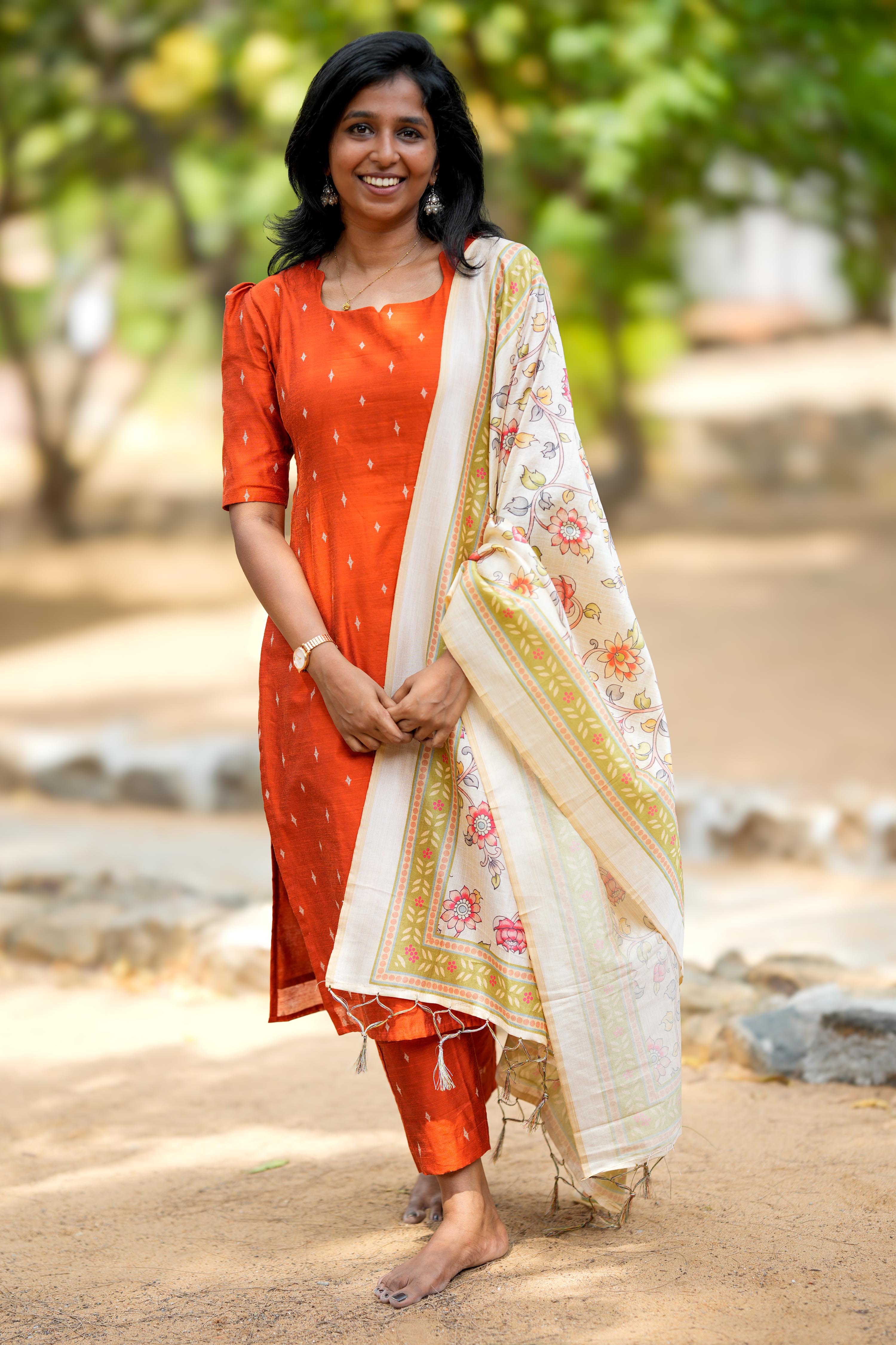 Orange Salwar Suit - Slub Silk