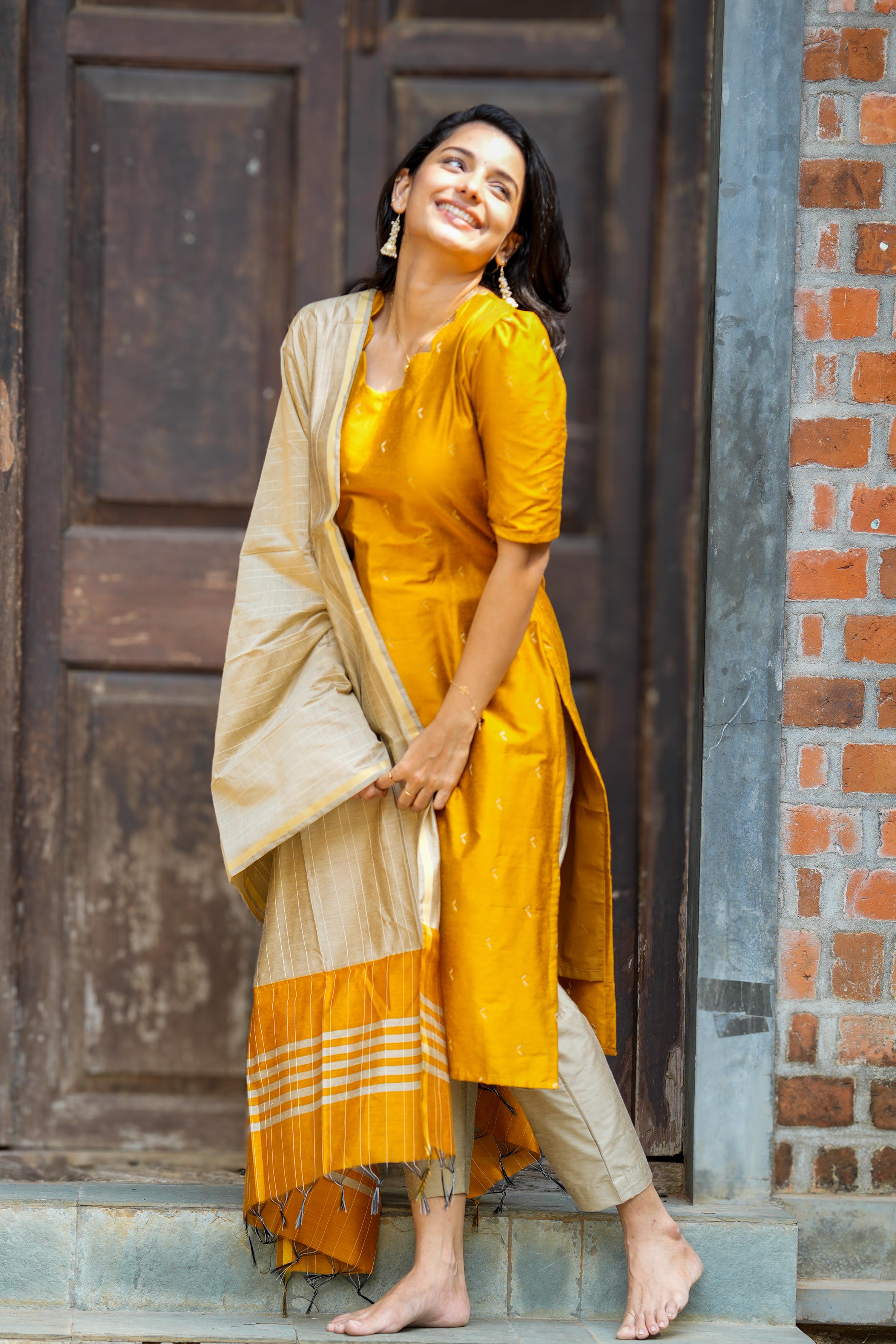 Mustard Yellow 3 Piece Set - Semi Silk Cotton
