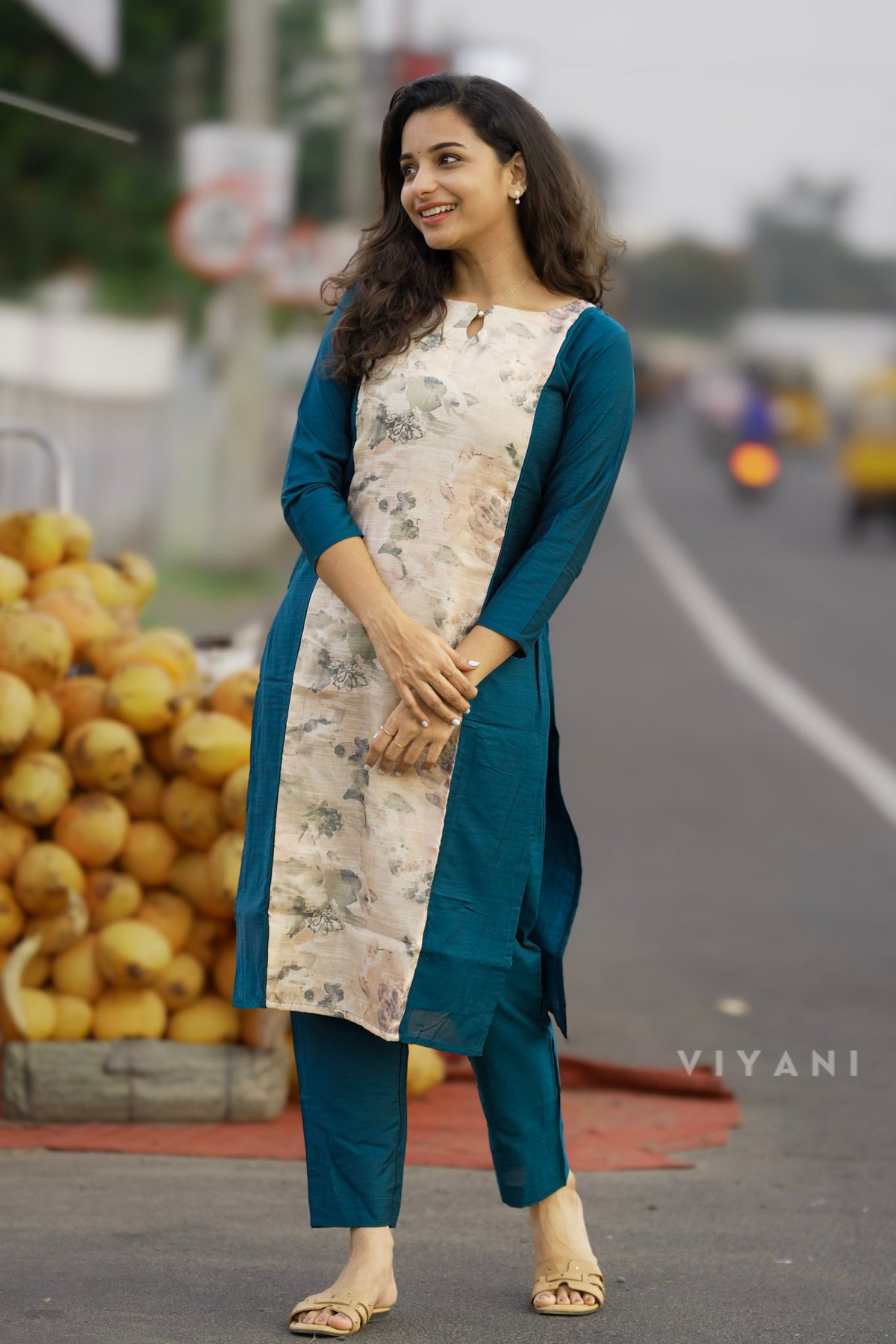 Teal Reverie  - Teal Blue Floral-Panel Viscose Slub Co-ord Set