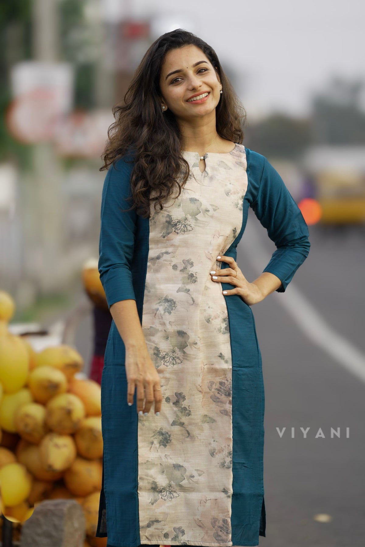 Teal Reverie  - Teal Blue Floral-Panel Viscose Slub Co-ord Set