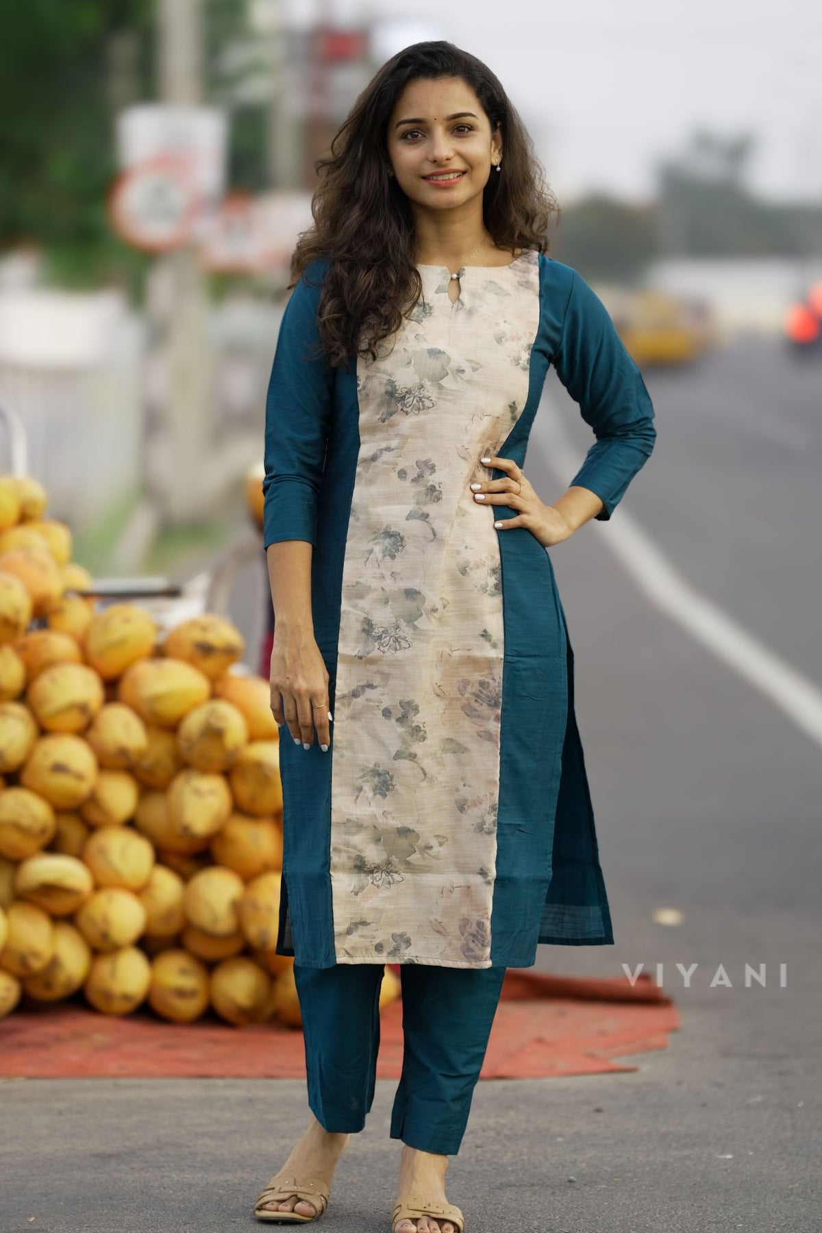 Teal Reverie  - Teal Blue Floral-Panel Viscose Slub Co-ord Set
