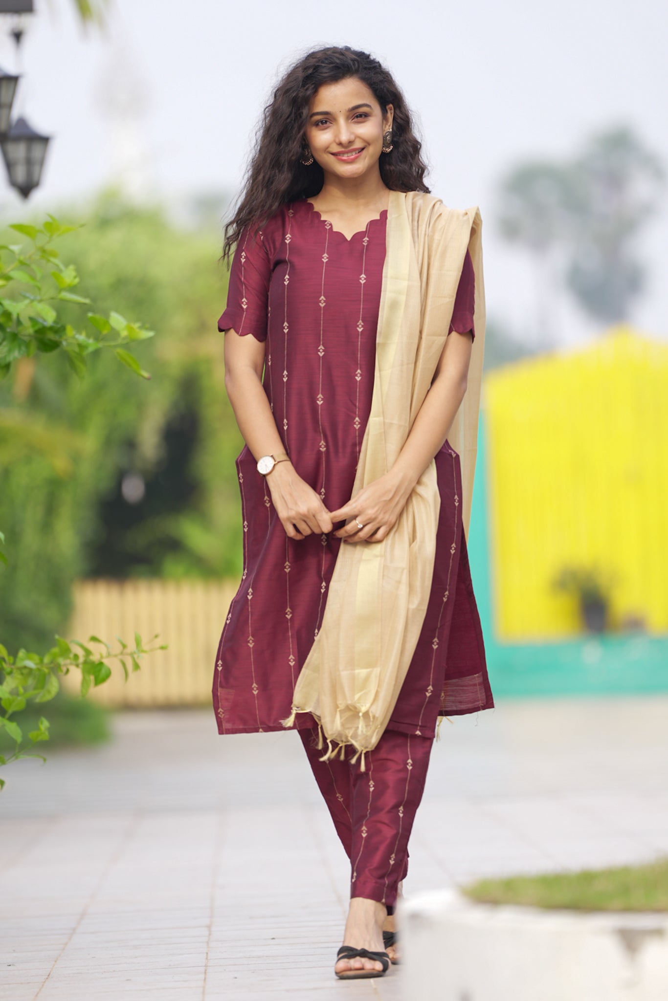 Burgundy Salwar Set - Semi Silk Cotton