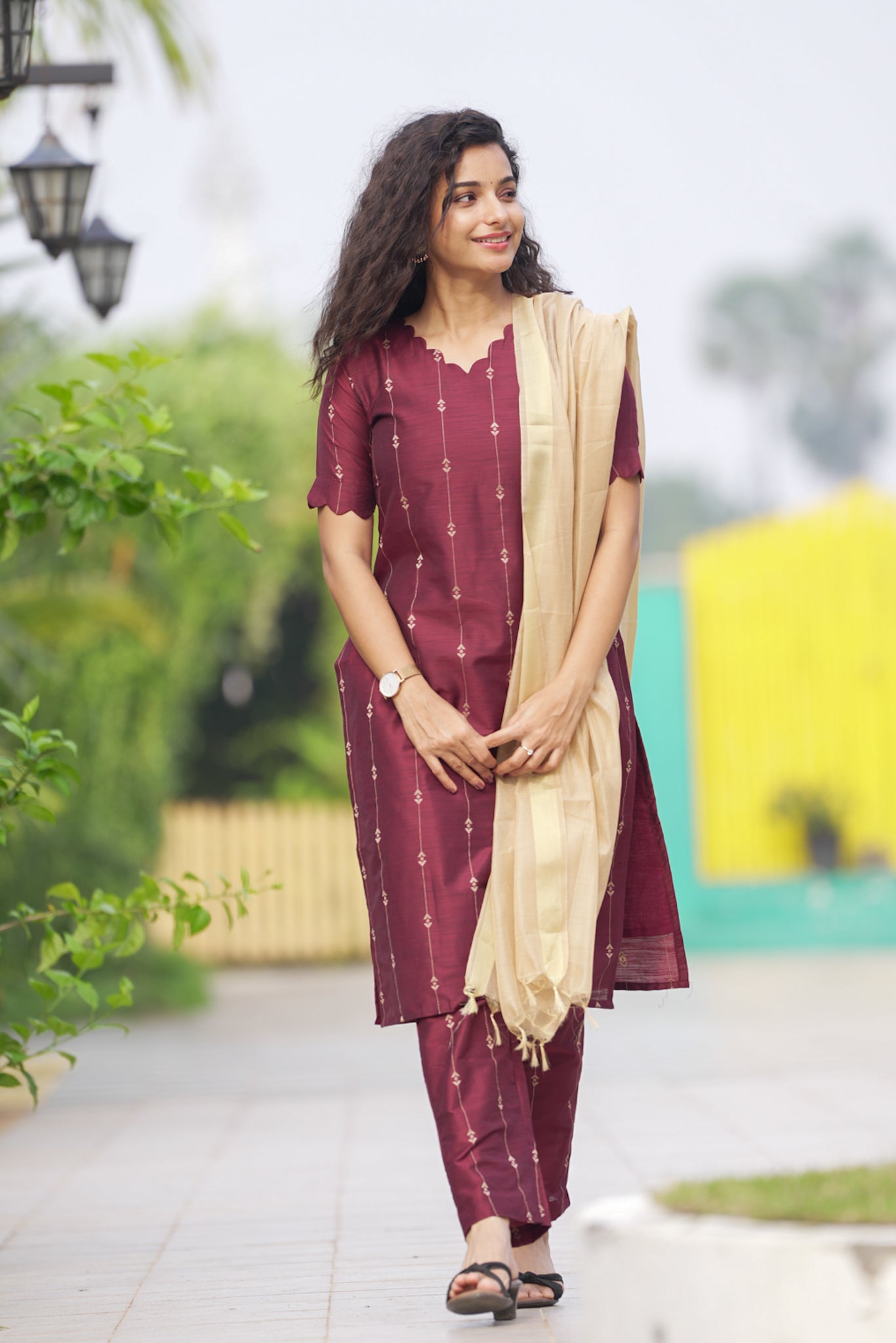 Burgundy Salwar Set - Semi Silk Cotton