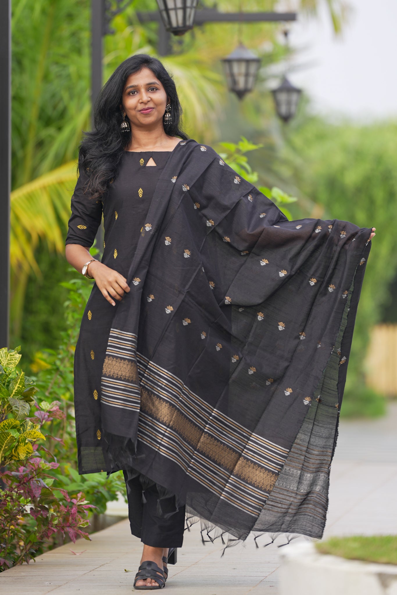 Elegant Black Salwar Set(3 Piece) - Slub Cotton Silk