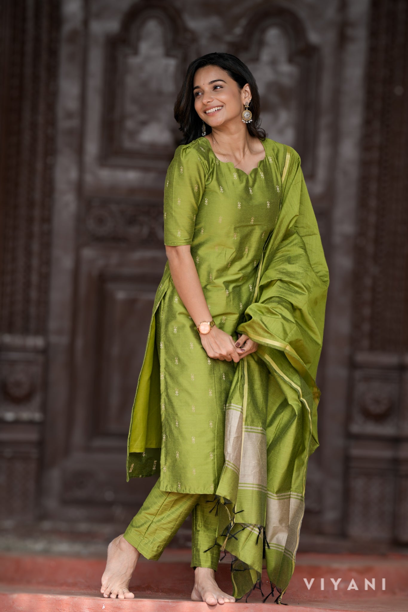 Esha Salwar Set - Green - Semi Silk Cotton