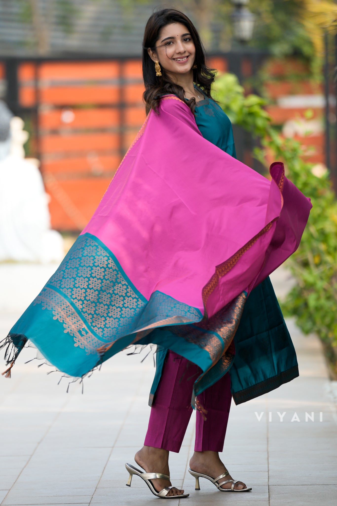 Kolam Salwar set - Rama Green & Rani Pink - Art Silk