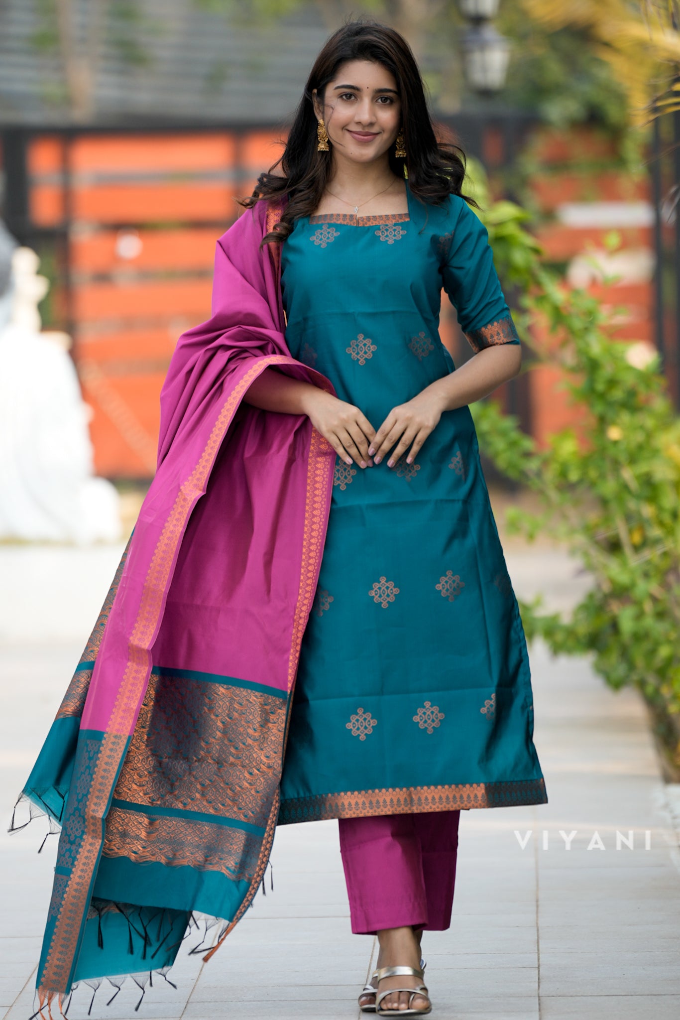 Kolam Salwar set - Rama Green & Rani Pink - Art Silk