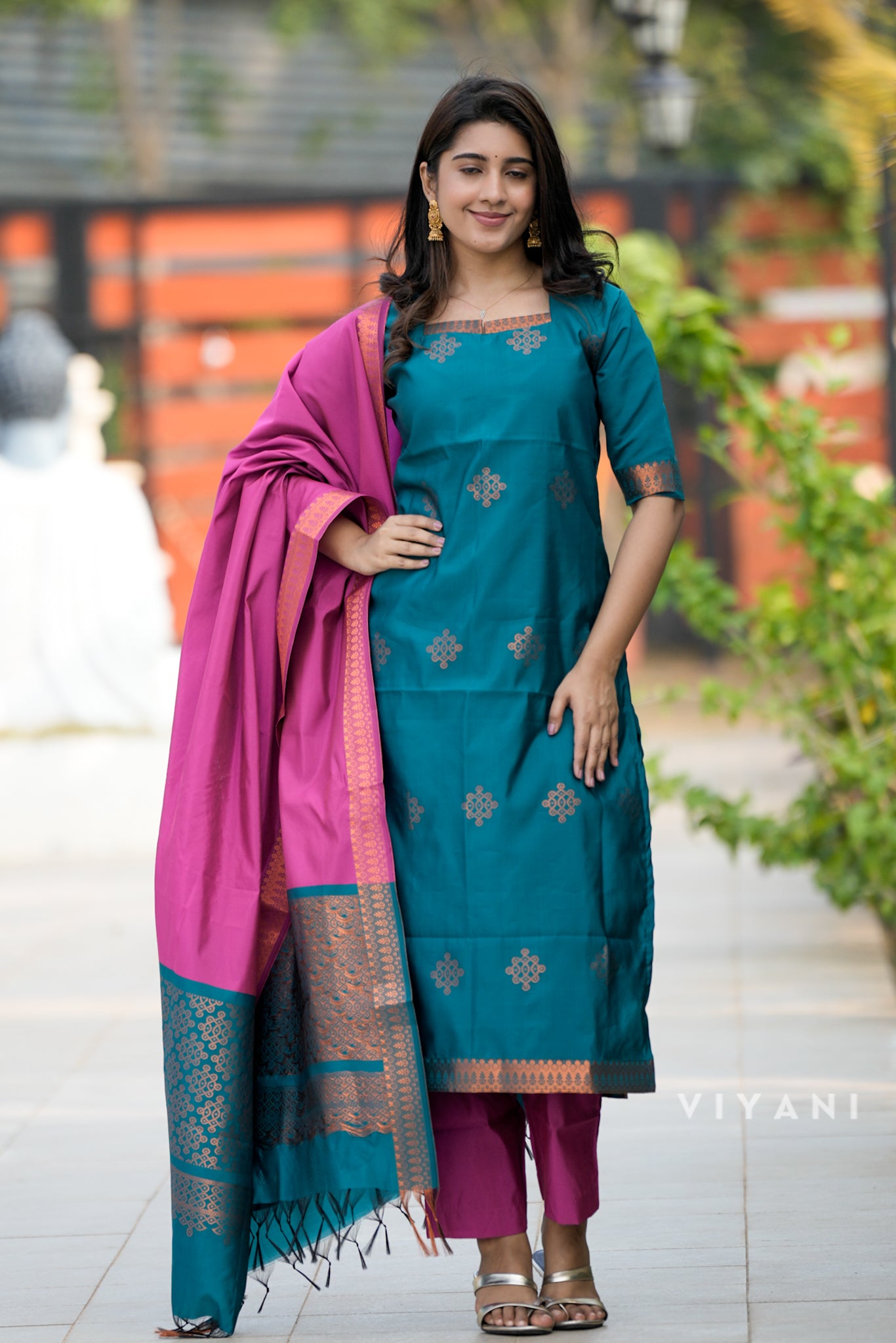 Kolam Salwar set - Rama Green & Rani Pink - Art Silk