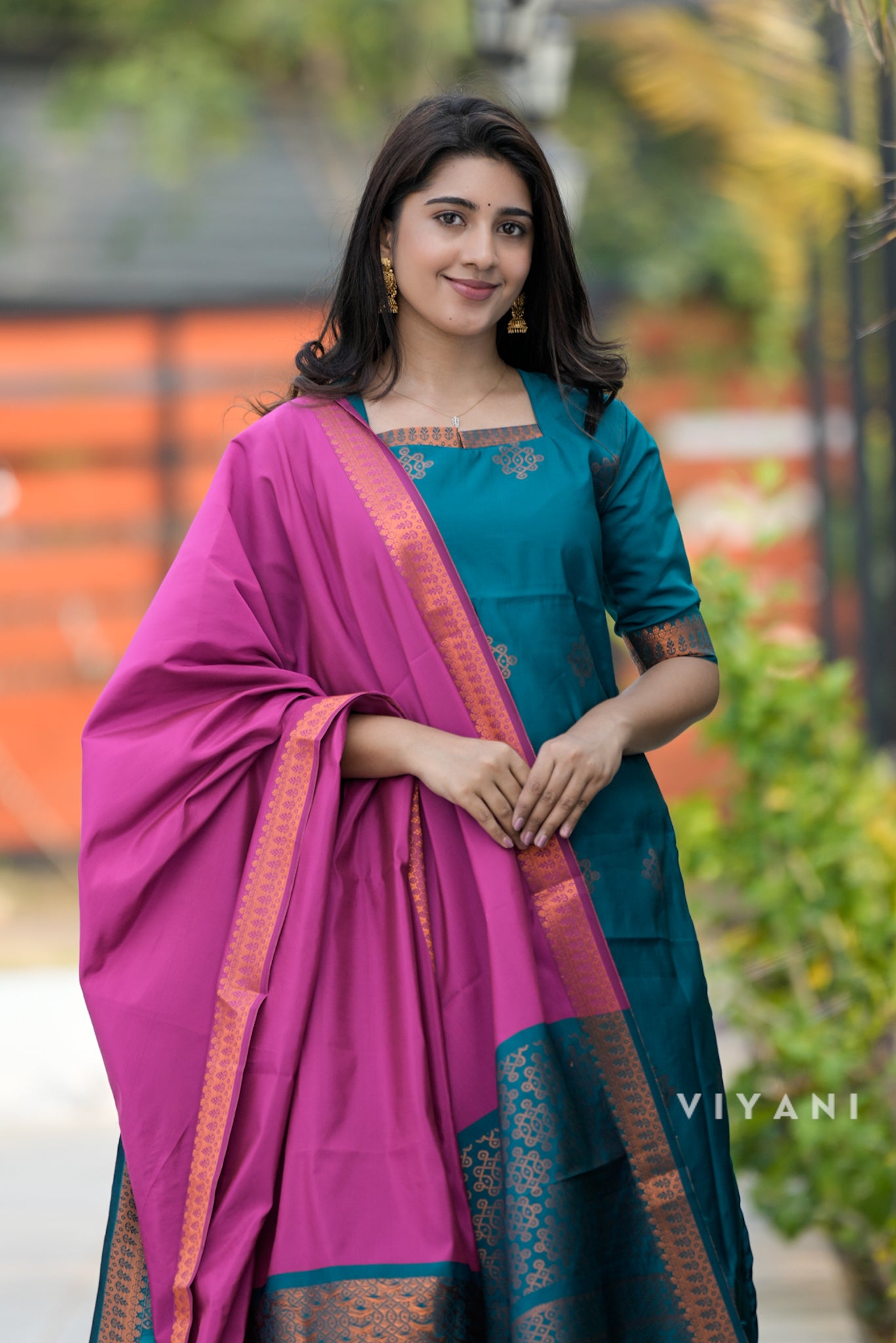 Kolam Salwar set - Rama Green & Rani Pink - Art Silk