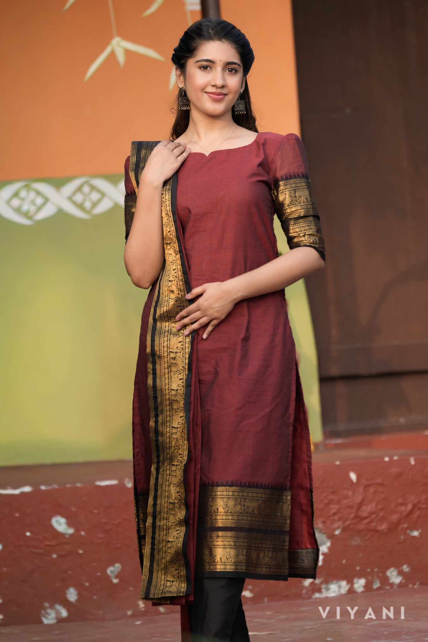 Aathirai Salwar Set - Maroon - Chettinad Cotton