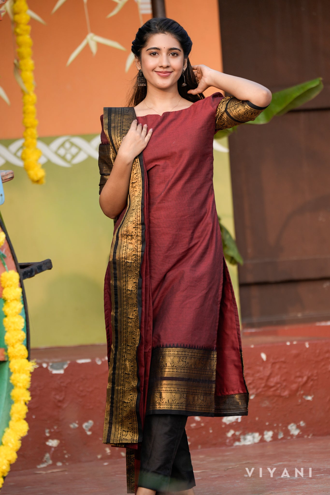 Aathirai Salwar Set - Maroon - Chettinad Cotton