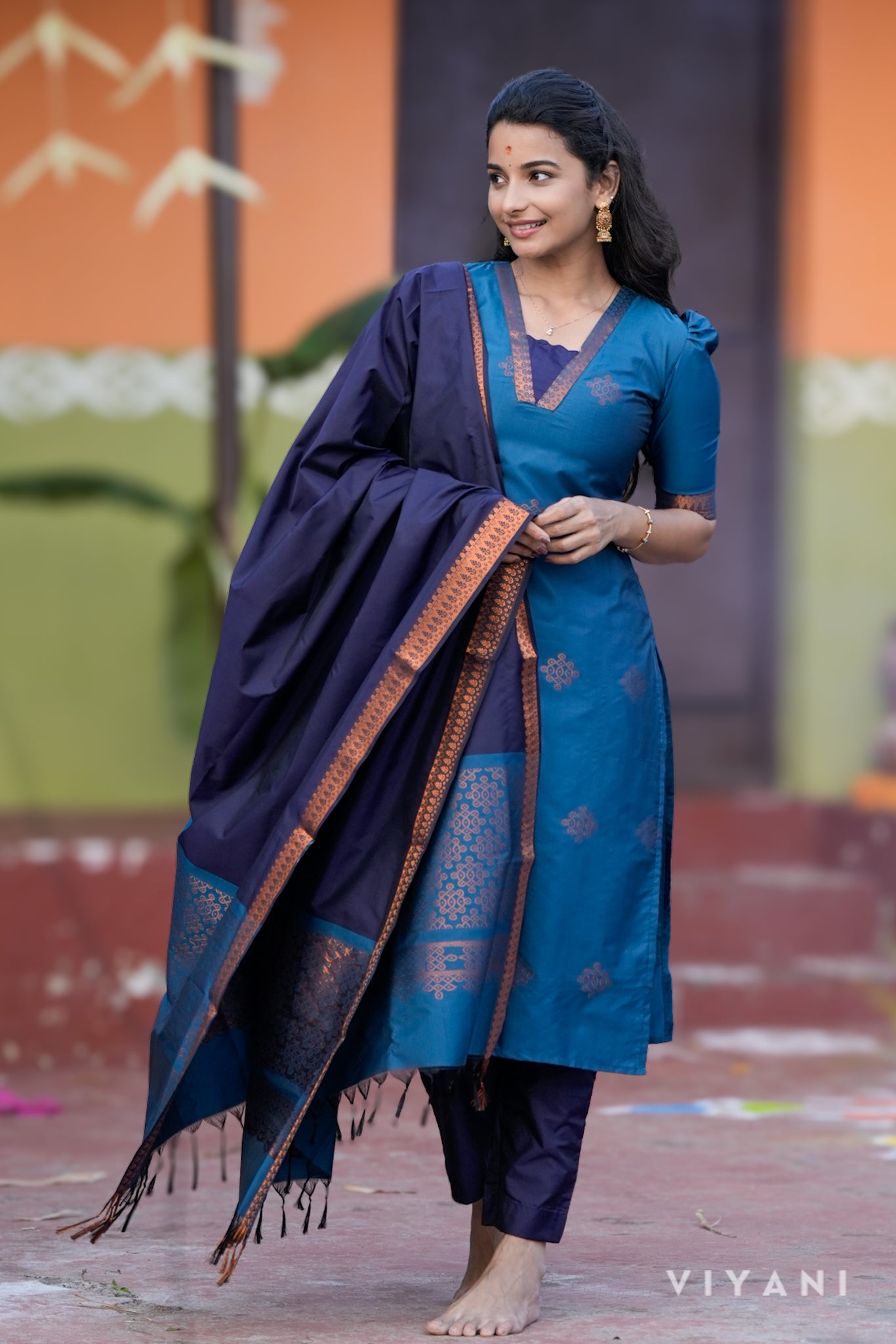 Kolam Salwar set - Peacock Blue - Art Silk