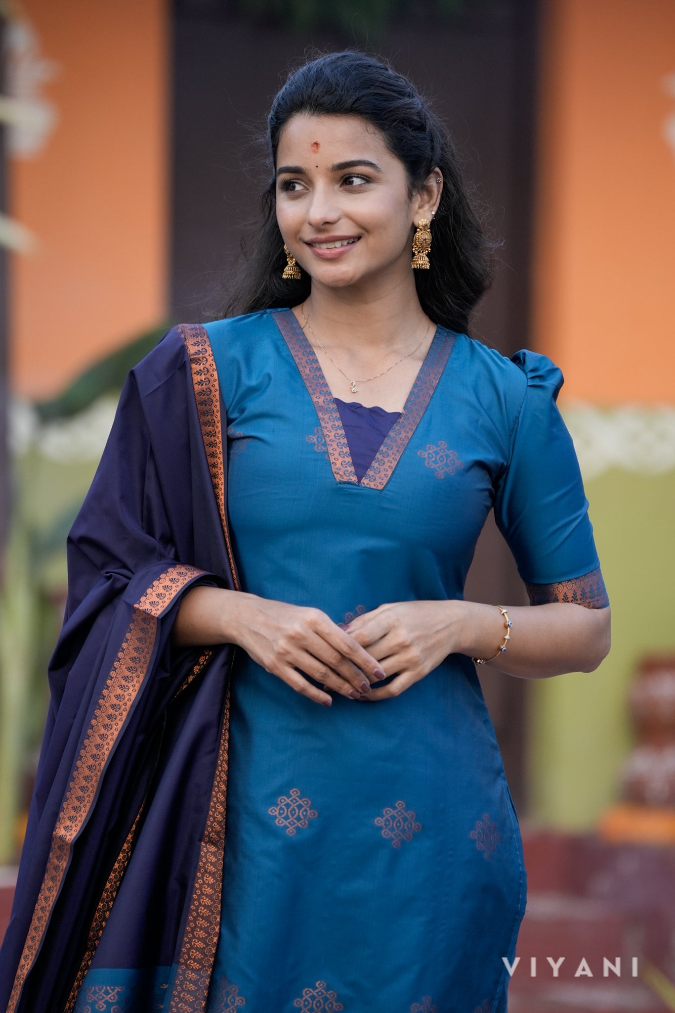 Kolam Salwar set - Peacock Blue - Art Silk