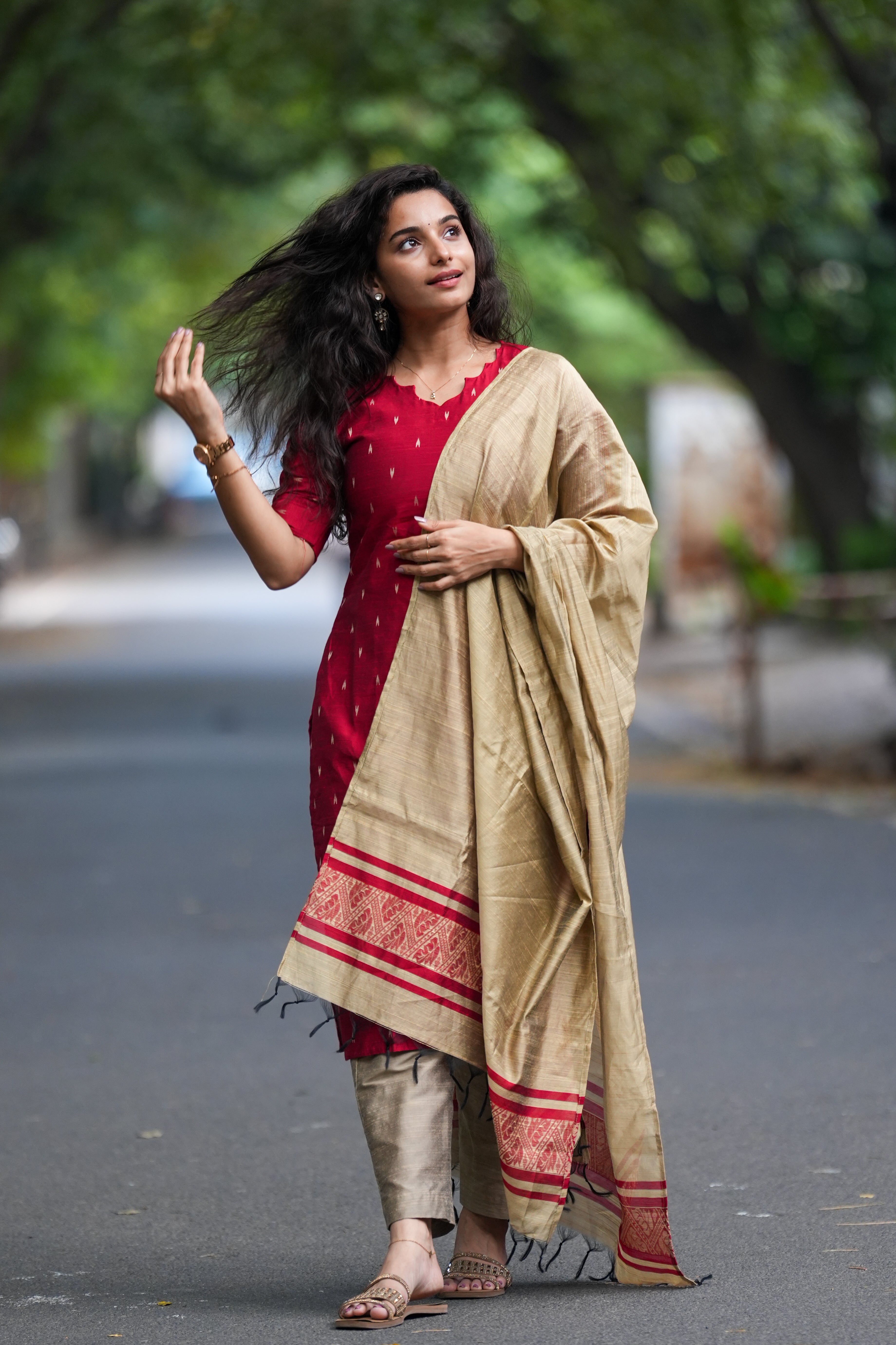 Ruby Red Slub Silk 3-Piece Set