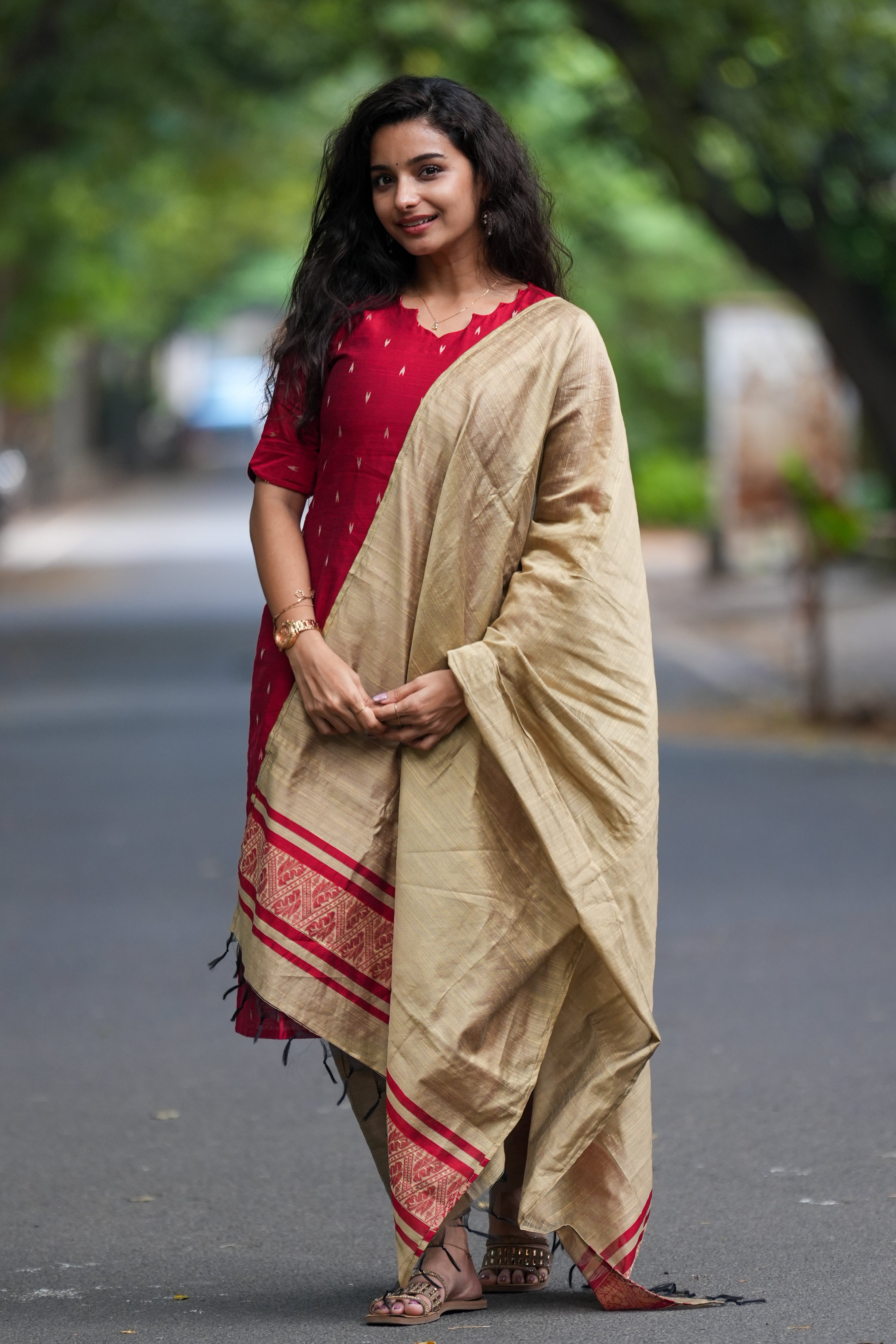 Ruby Red Slub Silk 3-Piece Set