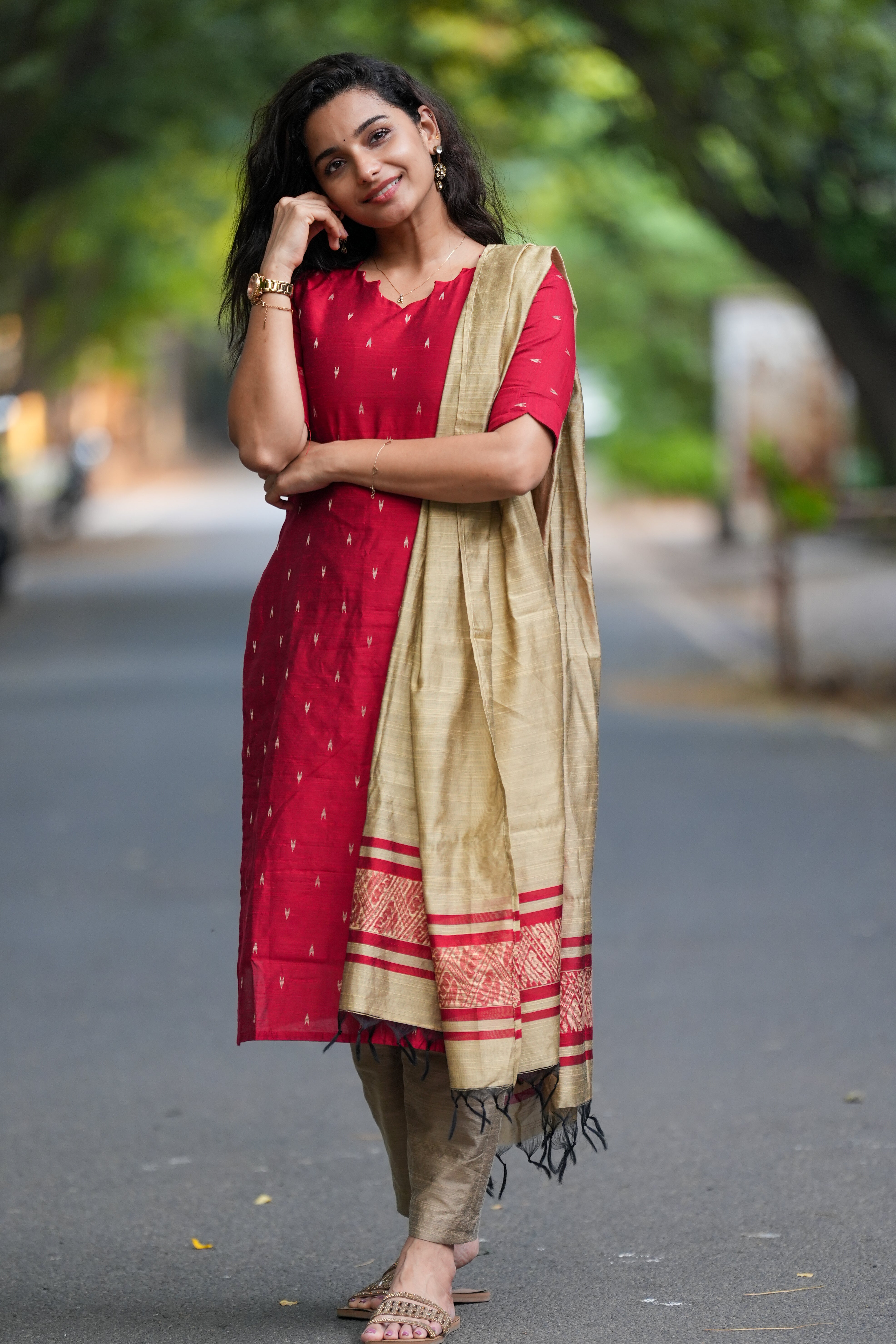 Ruby Red Slub Silk 3-Piece Set