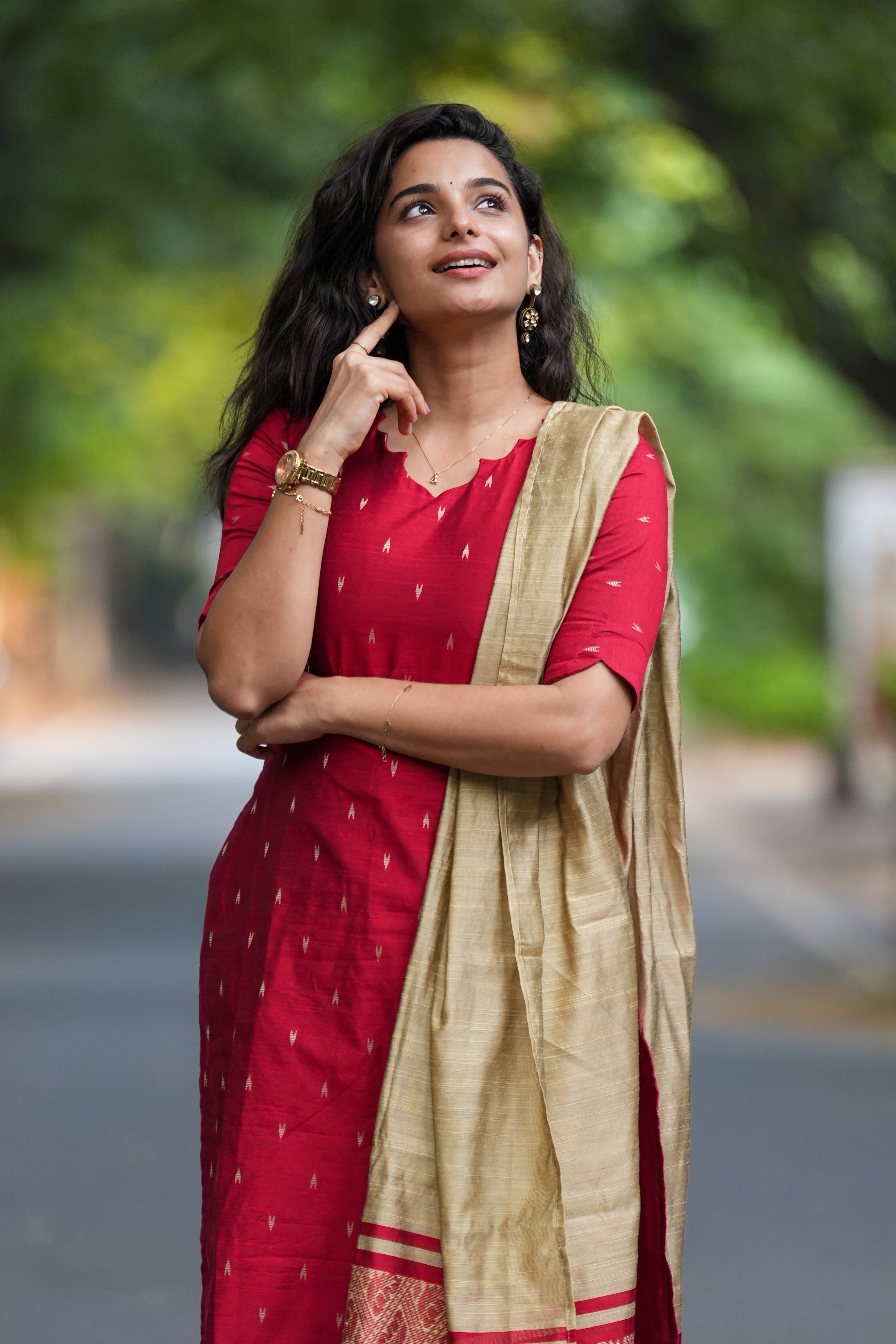 Ruby Red Slub Silk 3-Piece Set