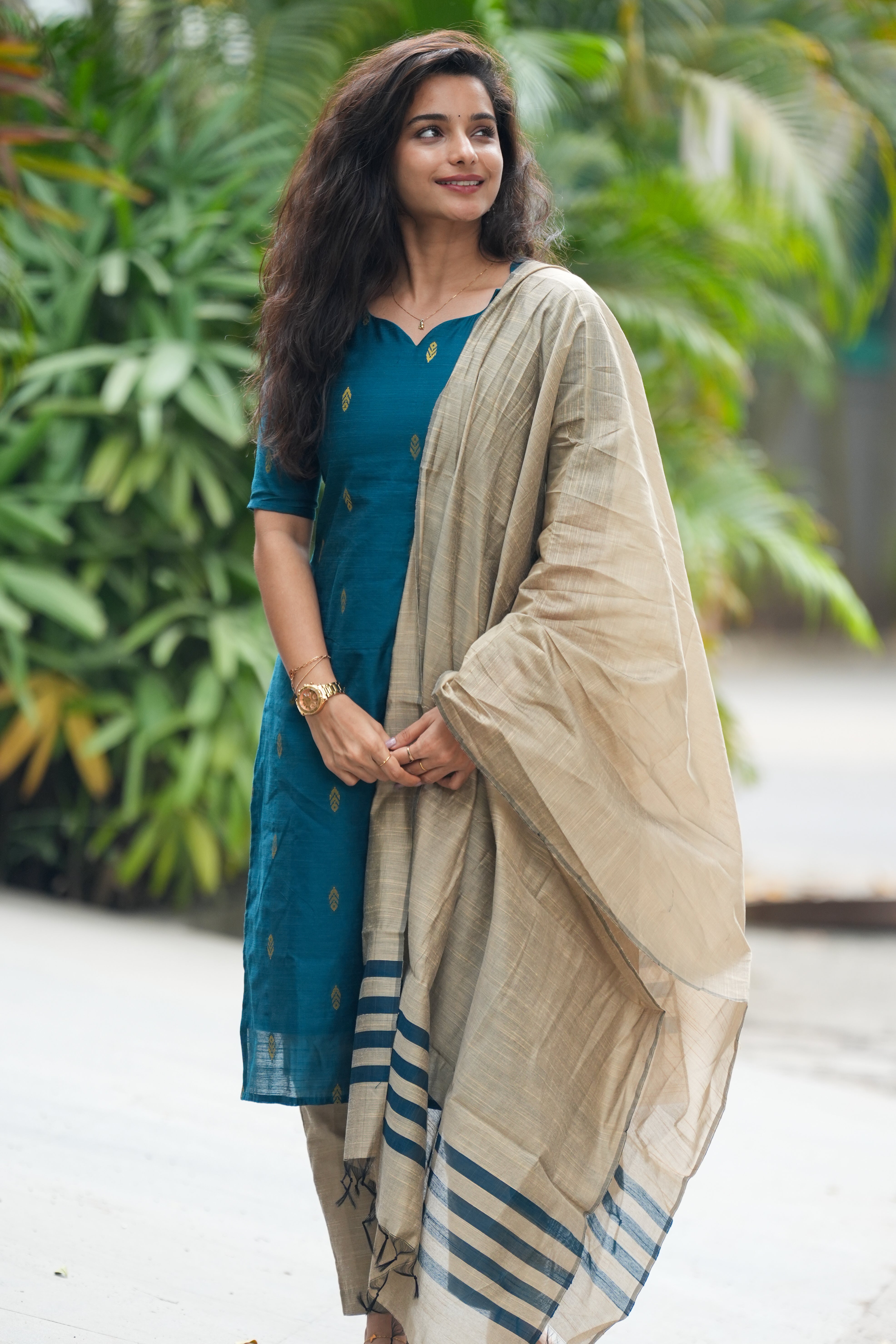 Peacock blue Salwar Set(3 Piece) - Slub Silk Cotton