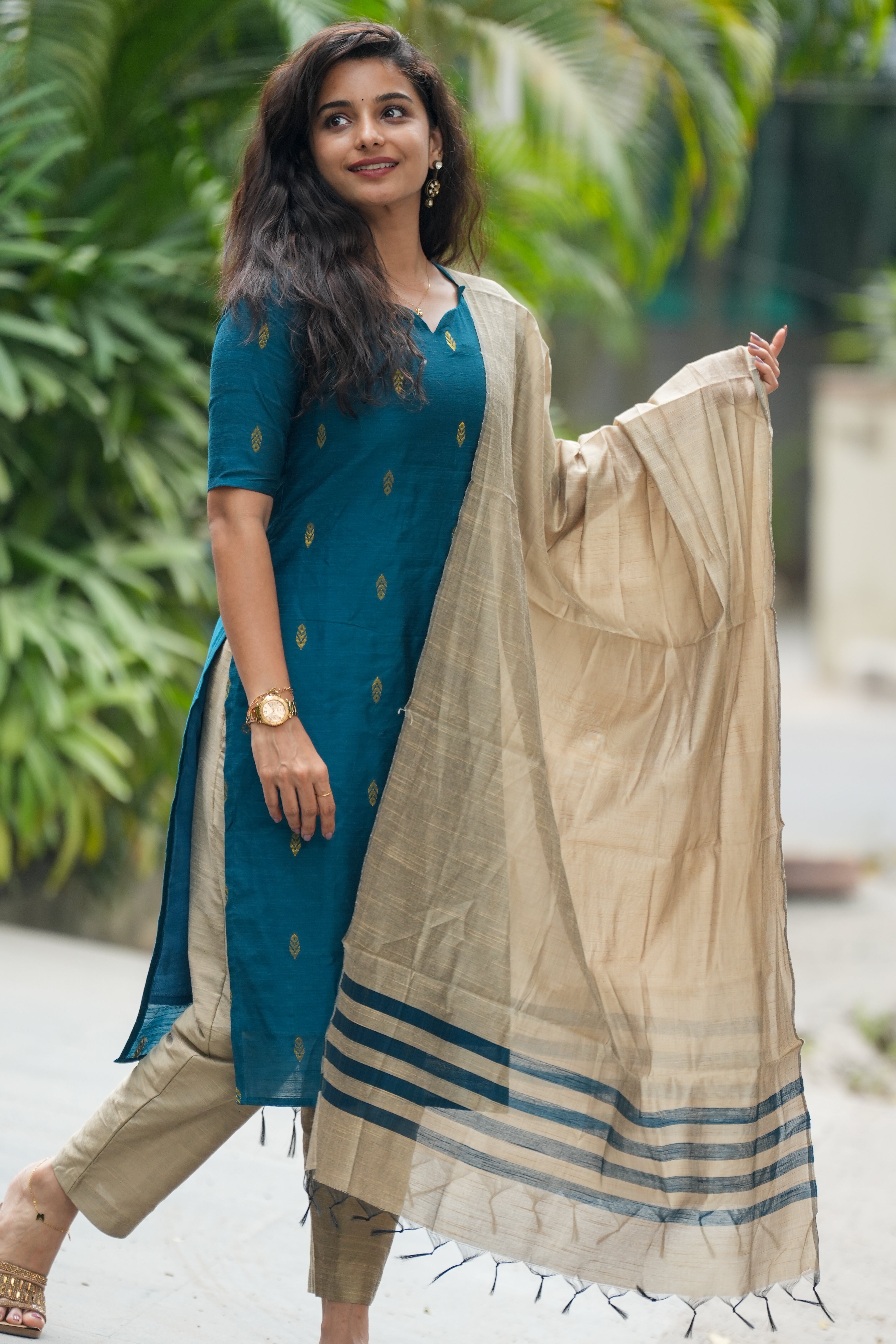 Peacock blue Salwar Set(3 Piece) - Slub Silk Cotton